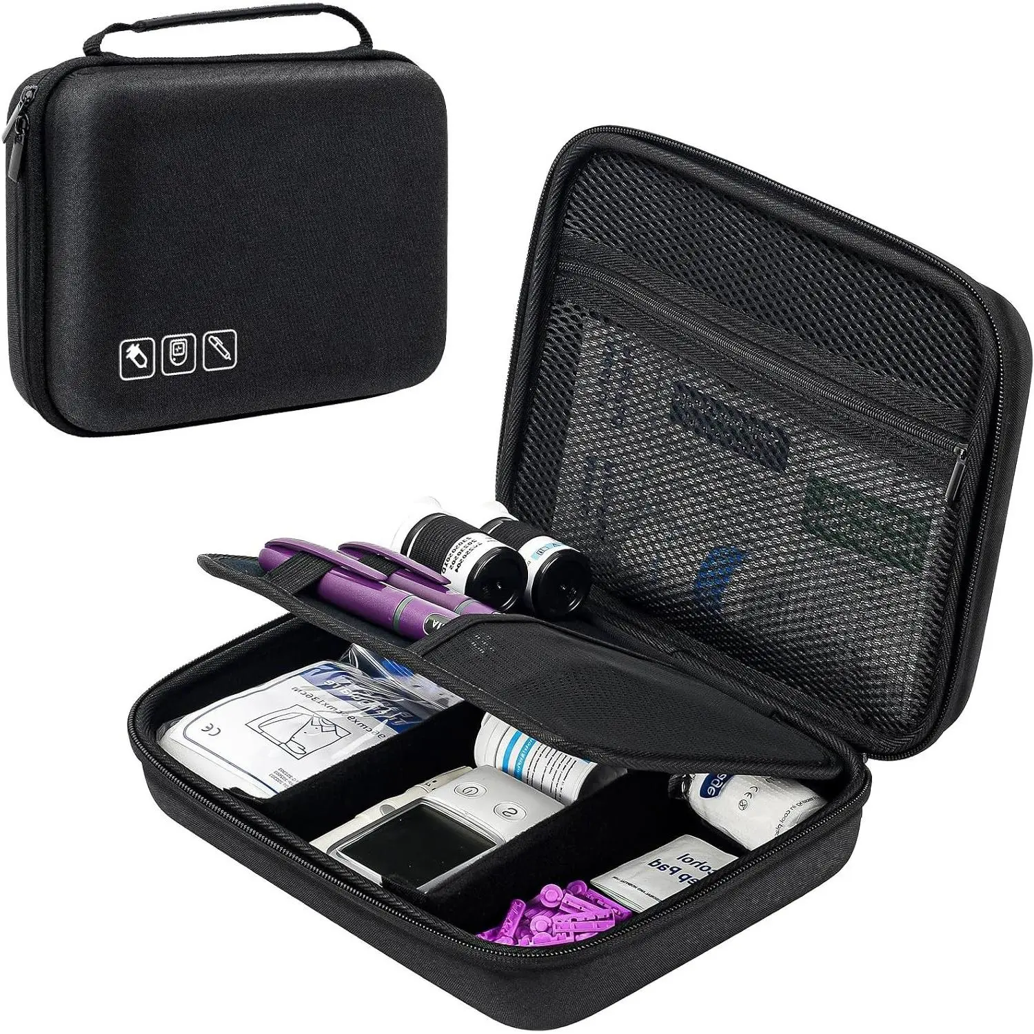 Diabetes Travel Case for Diabetic Supplies - Black | Hard Storage Organizer for Glucose Meter, Insulin Pen, Test Strips, Syringes, Needles & More; Diabetic Care Kit BagGift