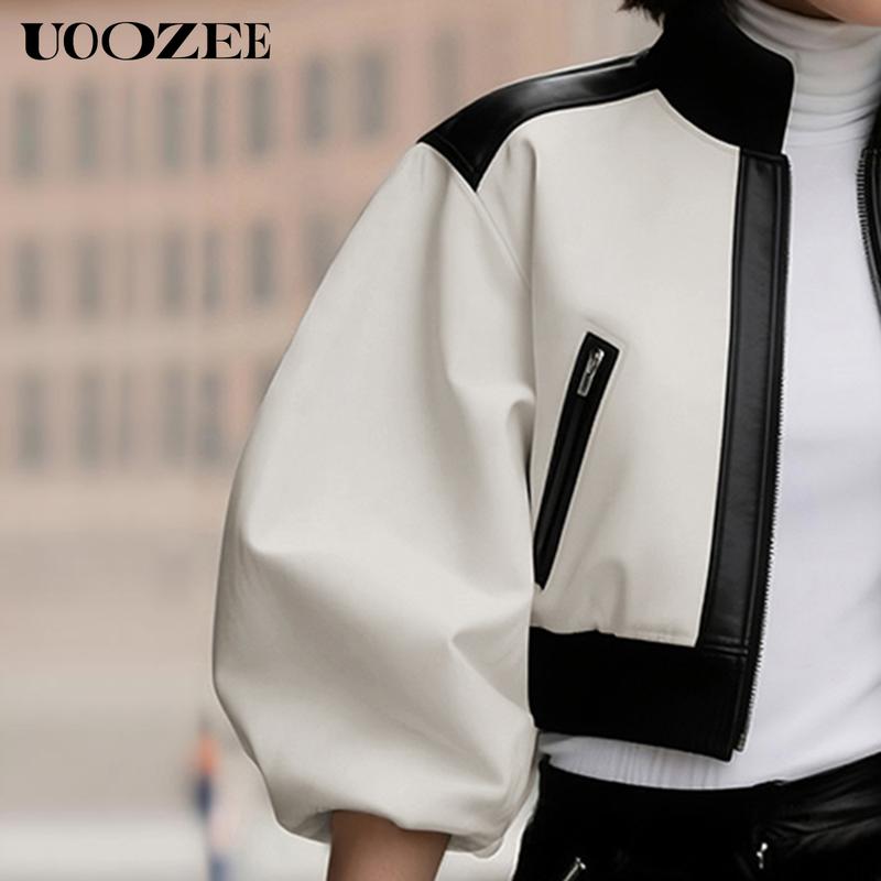 UOOZEE Women's New Fashion Autumn Winter Casual Fit Contrast Color PU Leather with Pockets Stand Collar Y2K Jackets, Puff Sleeves Patchwork Zipper Cropped Short Outerwears Coats