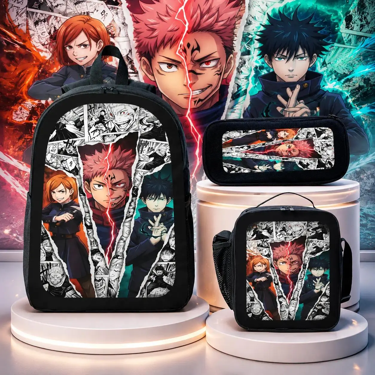 Jujutsu Kaisen Backpack Set Anime Lunch Bag Pencil Case Bookbag Backpacks for School Backpacks for Women Man Back to School Kids Teens Boys Girls Students Gojo Satoru Sukuna Fan Gift Fan Collection Lightweight Durable Travel Daily Carry TikTok Trending