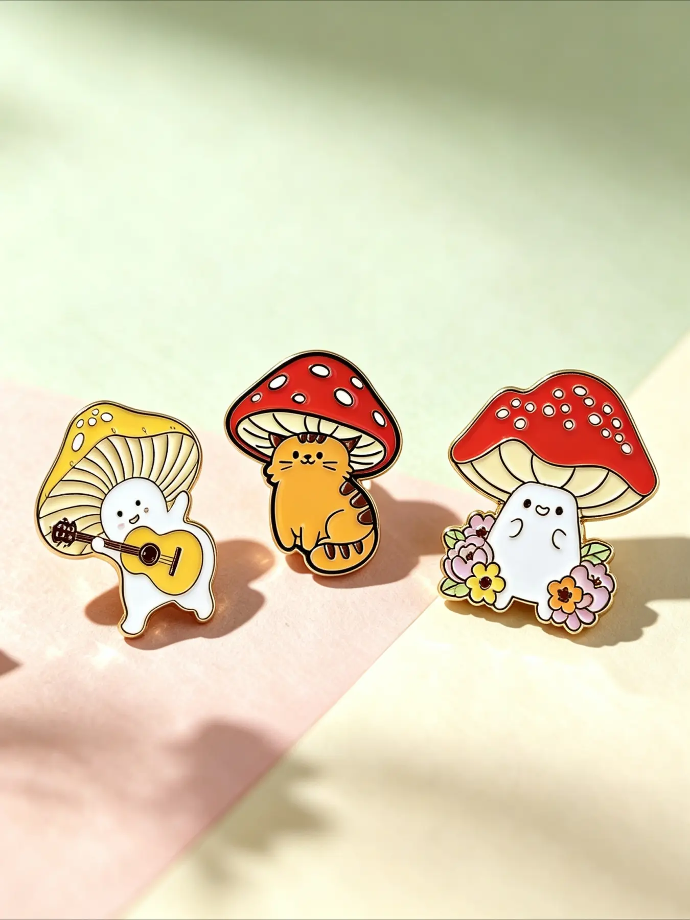 3PCS Cute Cartoon Mushroom Enamel Pins, Kawaii Guitar Ghost & Orange Cat Under Mushroom & Floral Mushroom Elf Lapel Badges, Forest Aesthetic Gift for Girls Nature Lovers