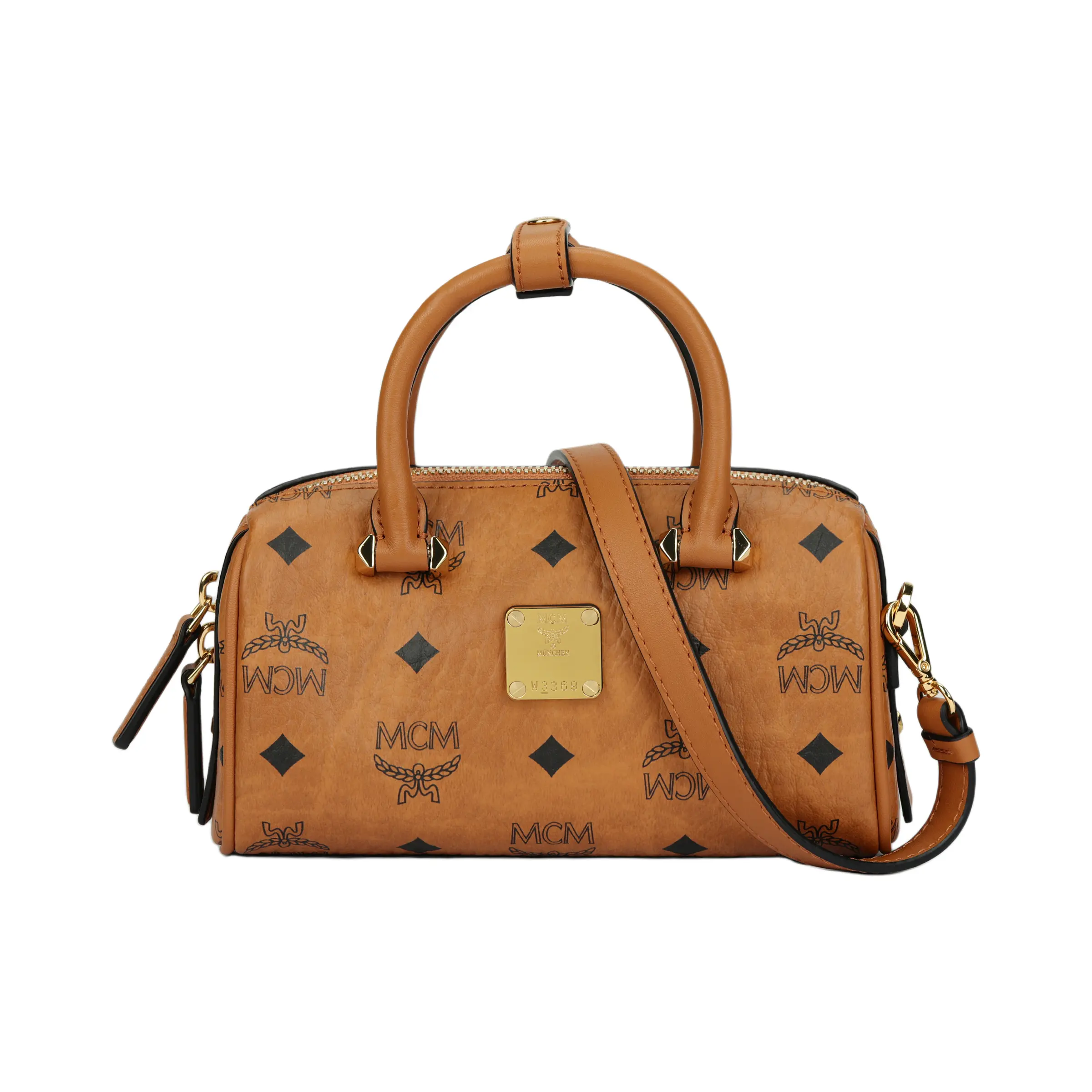 MCM Aren Visetos Monogram Boston Bag for Women – Crossbody Shoulder Handbag in Brown and Cognac Coated Canvas