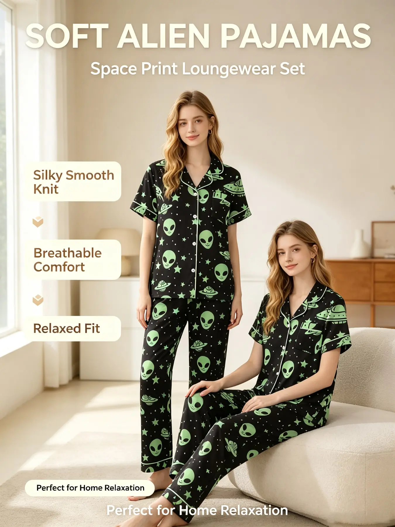 Wind Alien Atmosphere Print Women's Pajama Set, Star Ufo Full Print, Comfortable Short Sleeve Long Pants, Fall Casual Sleepwear