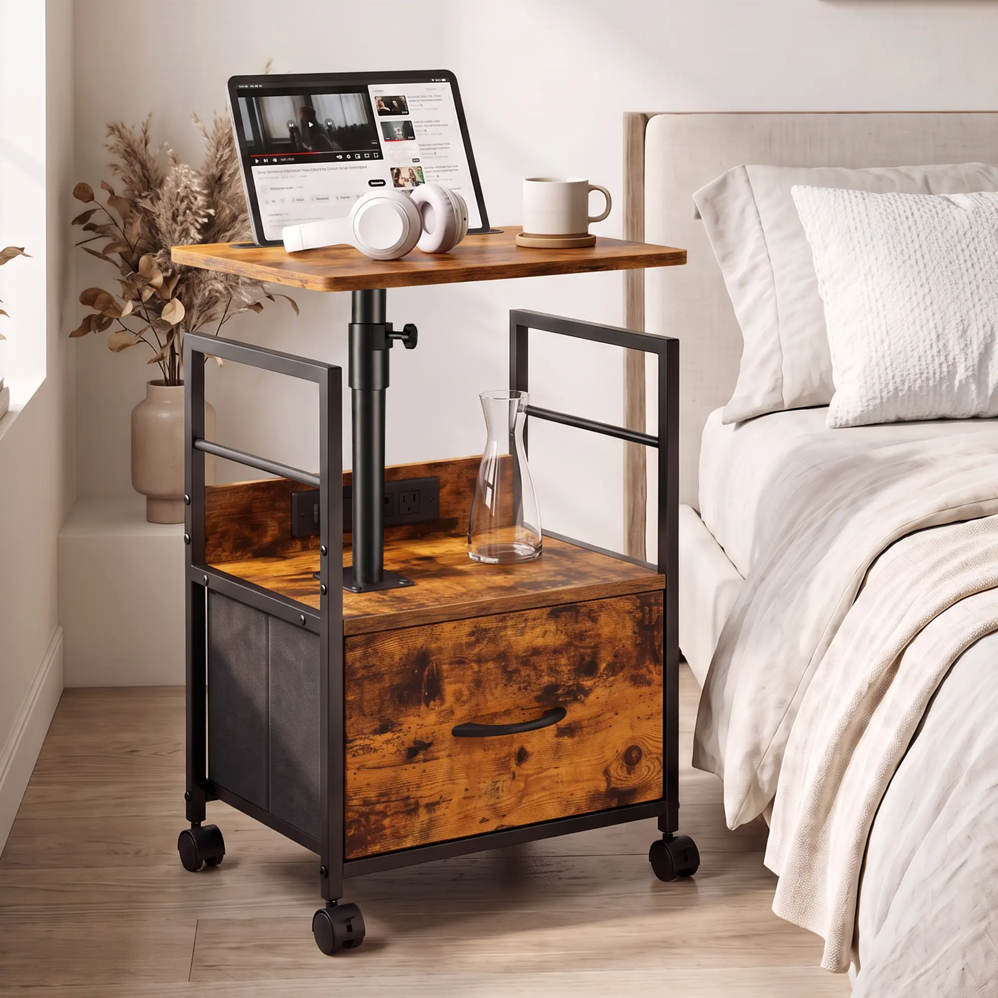Swivel Lift-Top Nightstand with Charging Station and Wheels, Indoor Furniture Bedside Table