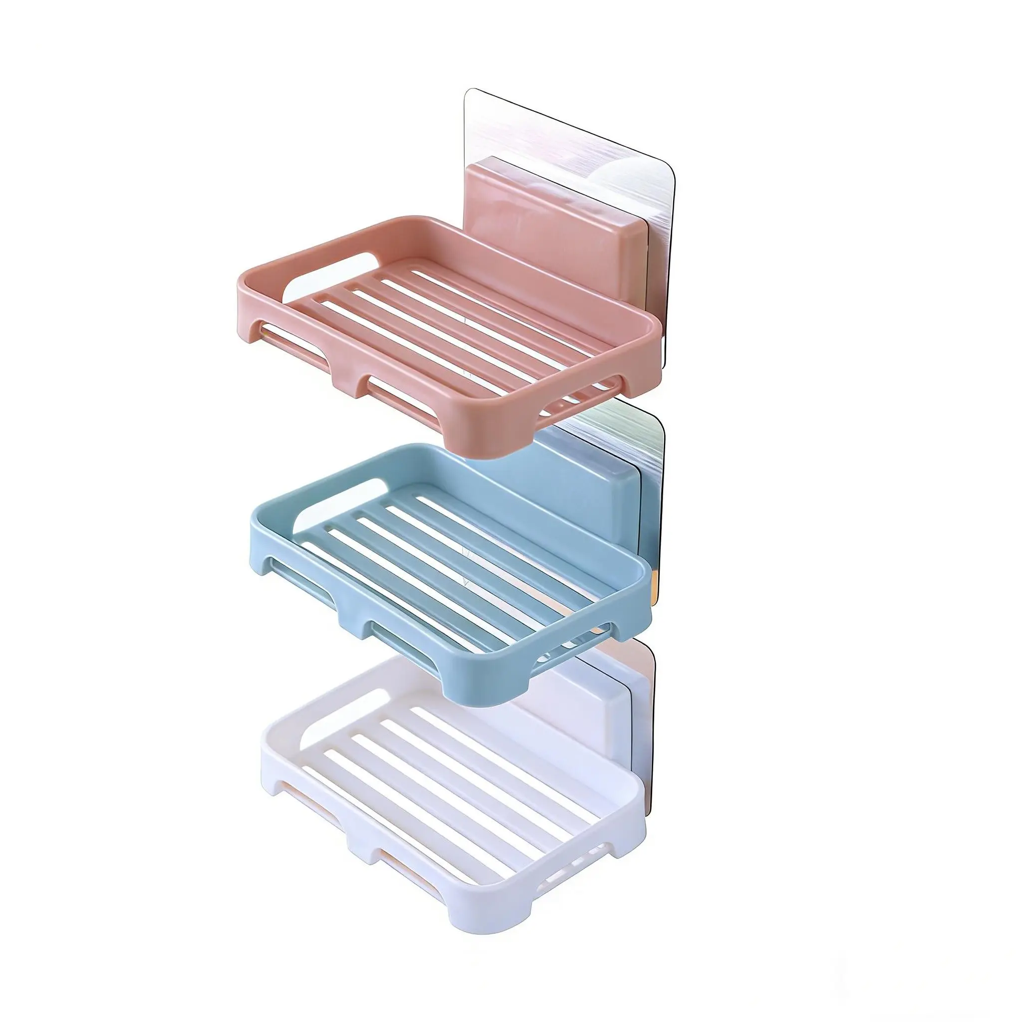3-Piece Wall-Mounted Soap Dish Set, Water-Draining Soap Holder, Plastic Sponge Soap Tray, Kitchen Storage Organizer