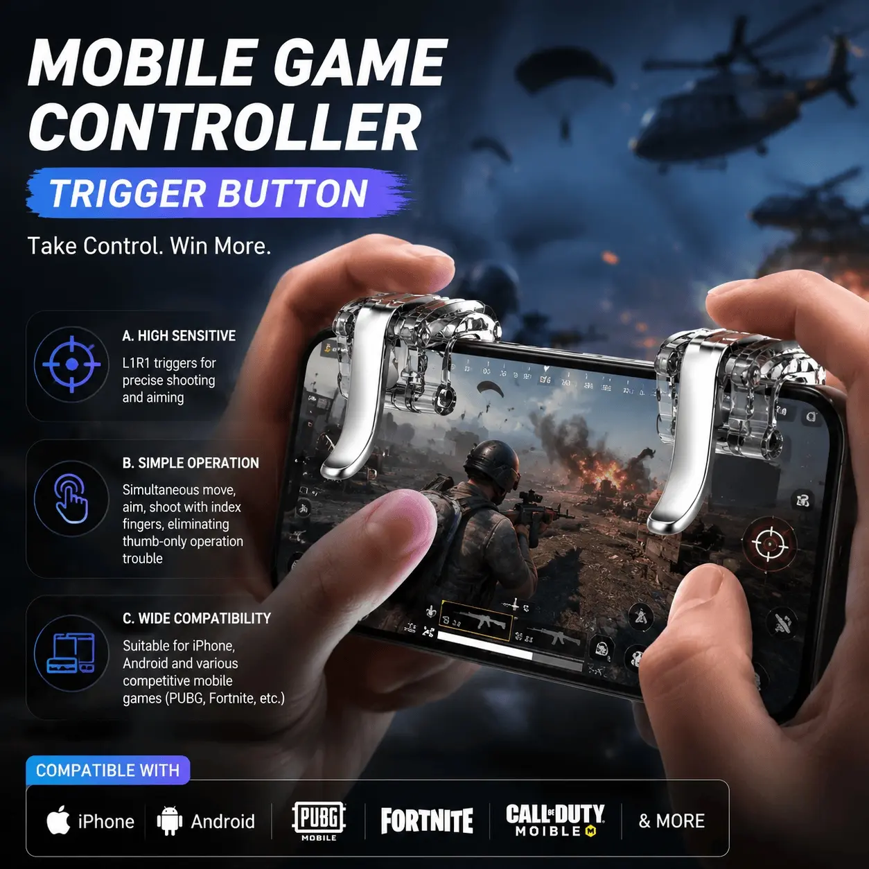 Pro Gaming Controller for Mobile FPS: High-Sensitivity Joystick, L1R1 L1R2 Triggers, Ergonomic Design, Fast Aim & Auto-Fire, Easy Installation. Must-Have Game Peripherals Accessory for Competitive Players to Dominate Ranked Games.