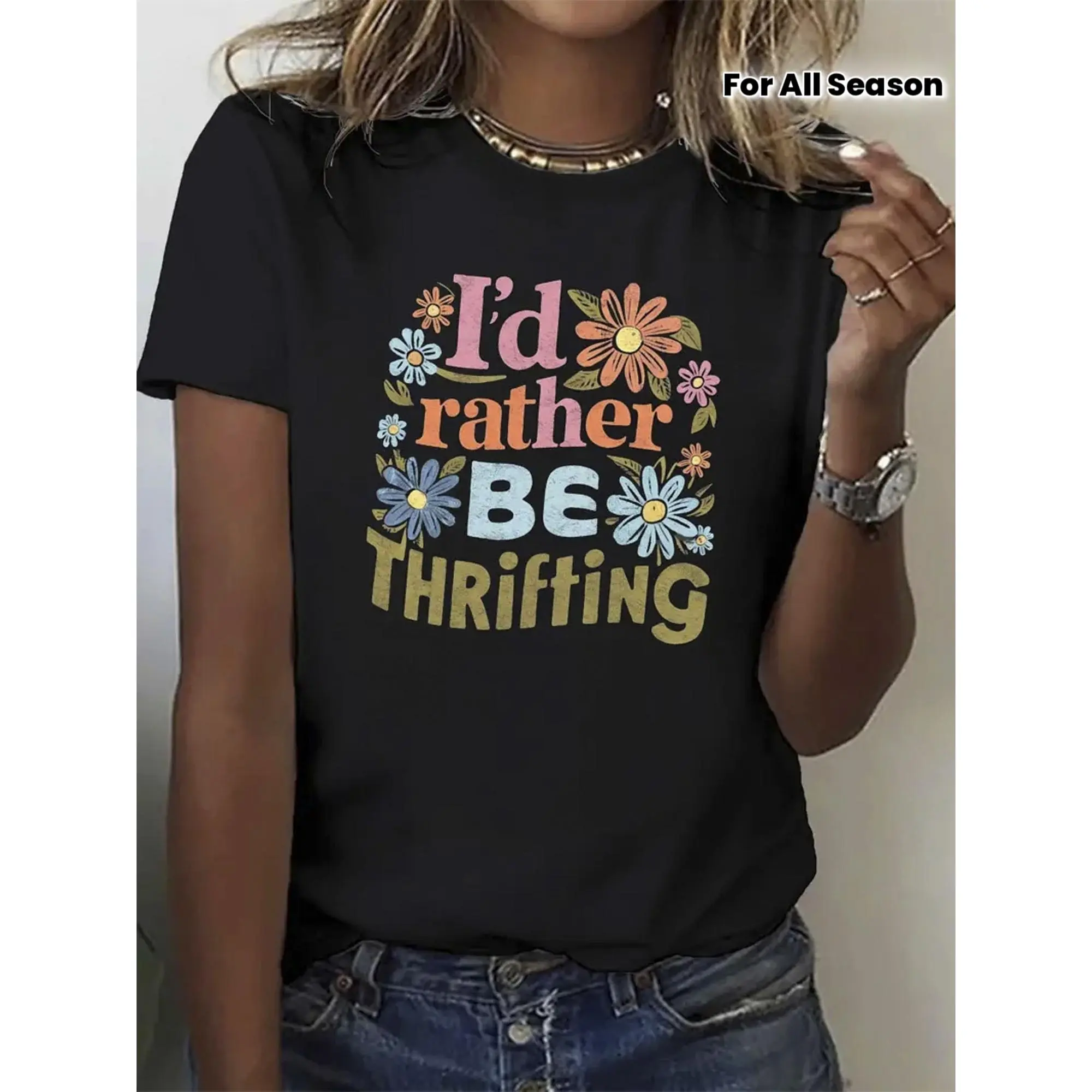 Women's "I'd Rather Go To A Thrift Store" Graphic Cotton T-Shirt - Vintage-Inspired Thrift Lover Casual Tee, All-Over Colorful Floral & Lettering Print, Breathable Loose Fit, Short-Sleeve Round Neck, All-Season Machine-Washable Sports Top