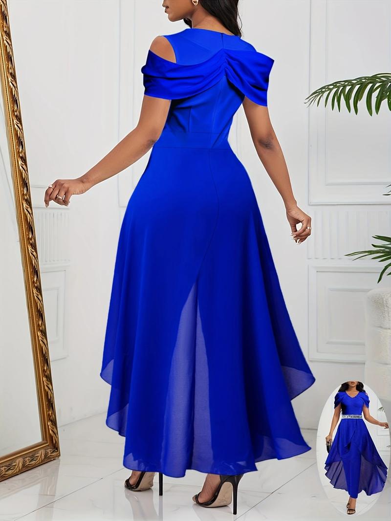 Women's Contrast Sequin High Low Hem Jumpsuit, Elegant 2 in 1 V Neck Jumpsuit for Party, Ladies' Clothes for Spring & Fall