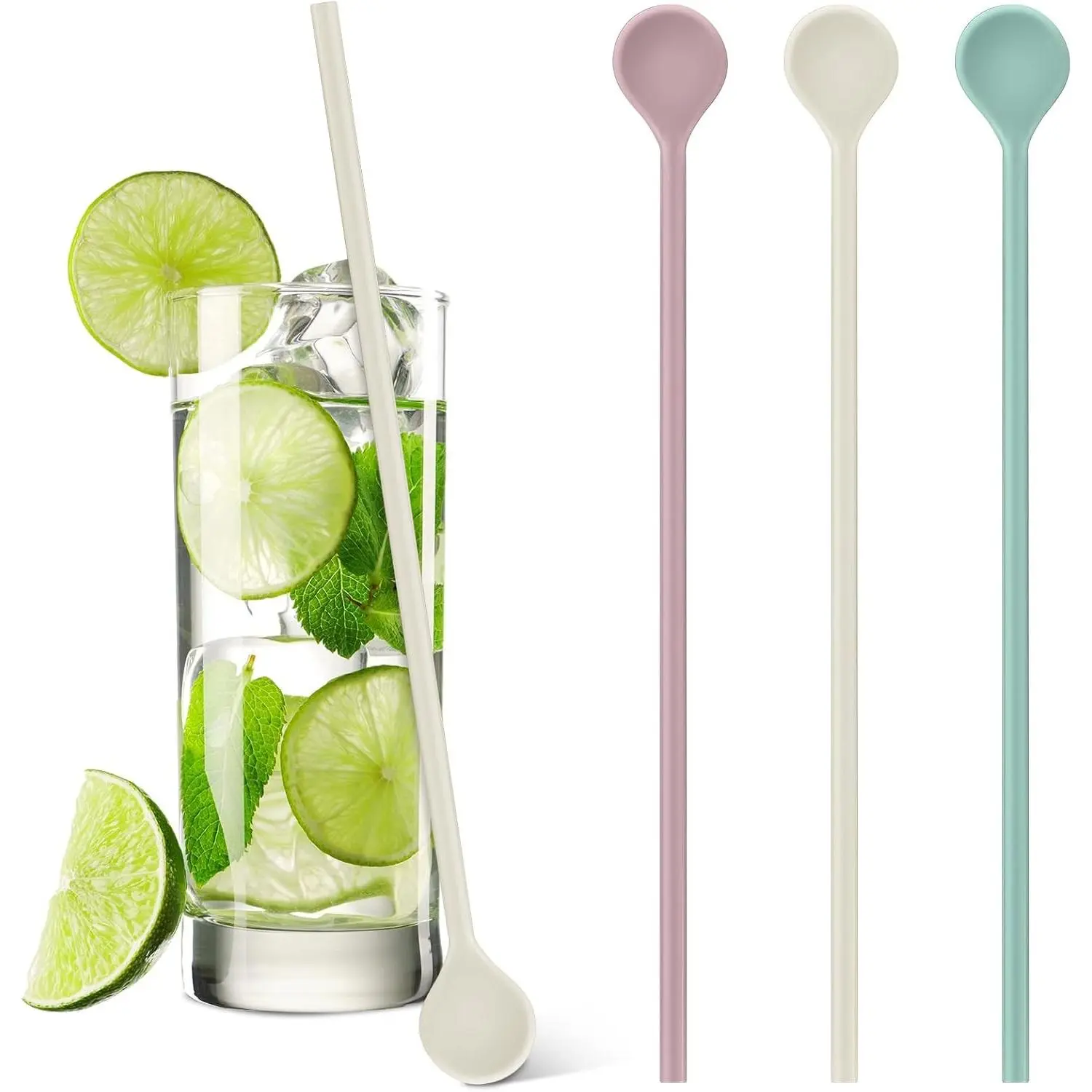 Women's 3-Piece 10in Lightweight Silicone Multipurpose Utility Stirrer Set - Reusable Long Sticks for Tea, Beverage Mixing (Green, Pink, White)