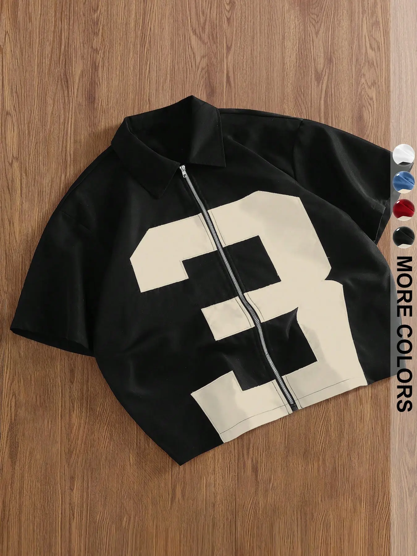 Men's Casual Collar Zipper Number 3 Graphic Print Loose-Fit Short Sleeve Top, All-Season Streetwear