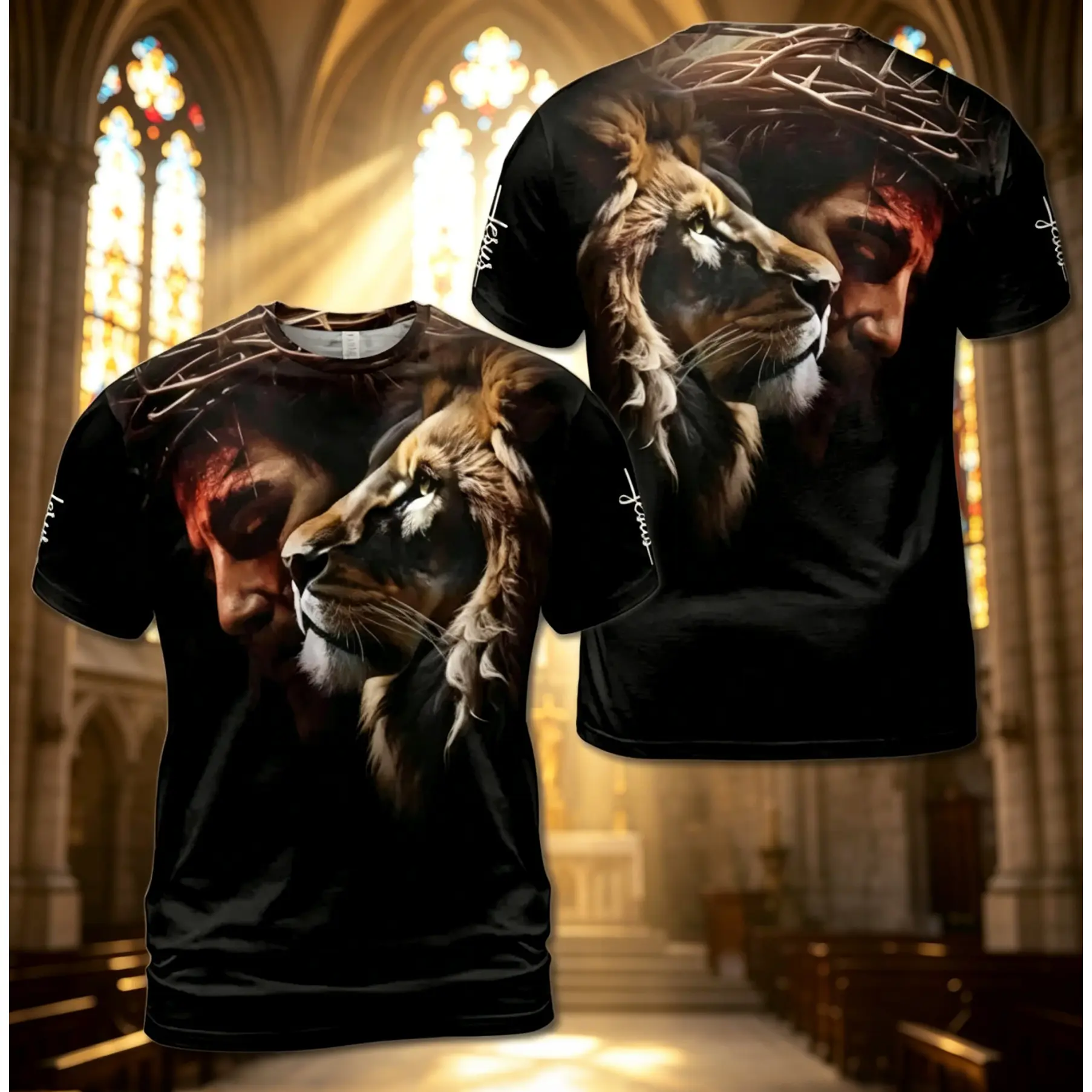 Unisex Jesus Crown of Thorns Lion of Judah Dual Sided Print Christian Short Sleeve T-Shirt,Unique Faith Present for Men Women Church Events & Faith Lovers #   TikTokMadeMeBuyIt #   TikTokShop # ChristianTee # LionOfJudahShirt # JesusGraphicTshirt