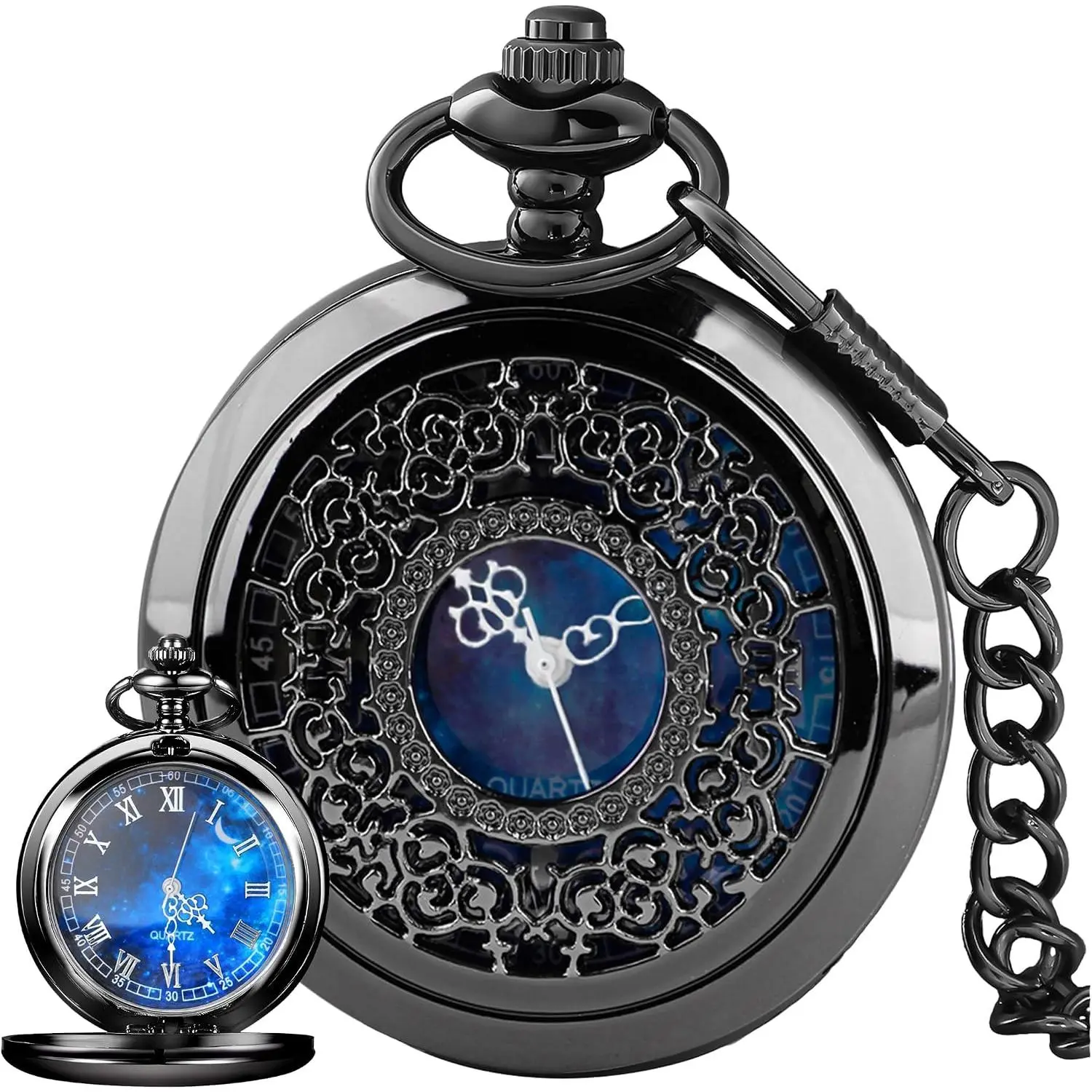 Unisex Vintage Starry Blue Hollow Case Quartz Pocket Watch with Roman Numerals, Chain-Included Fashion Accessory, Gift Idea for Men Women