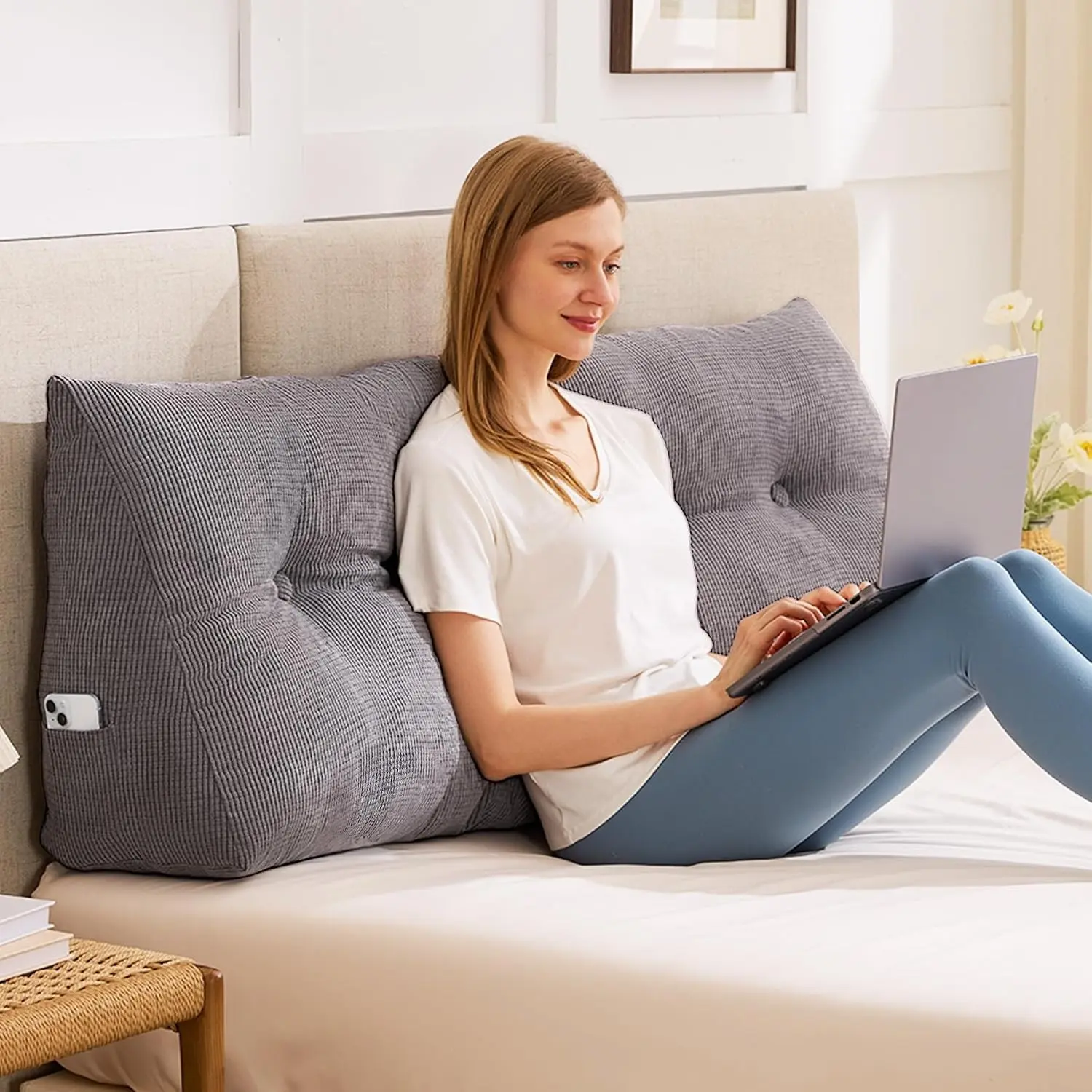 Headboard Pillow Queen, Triangle Pillows for Headboard, Head Board Backrest Wedge Pillow for Reading Sitting Working, Daybed Pillows with Removable Cover for Bed Dorm Sofa, Dark Grey