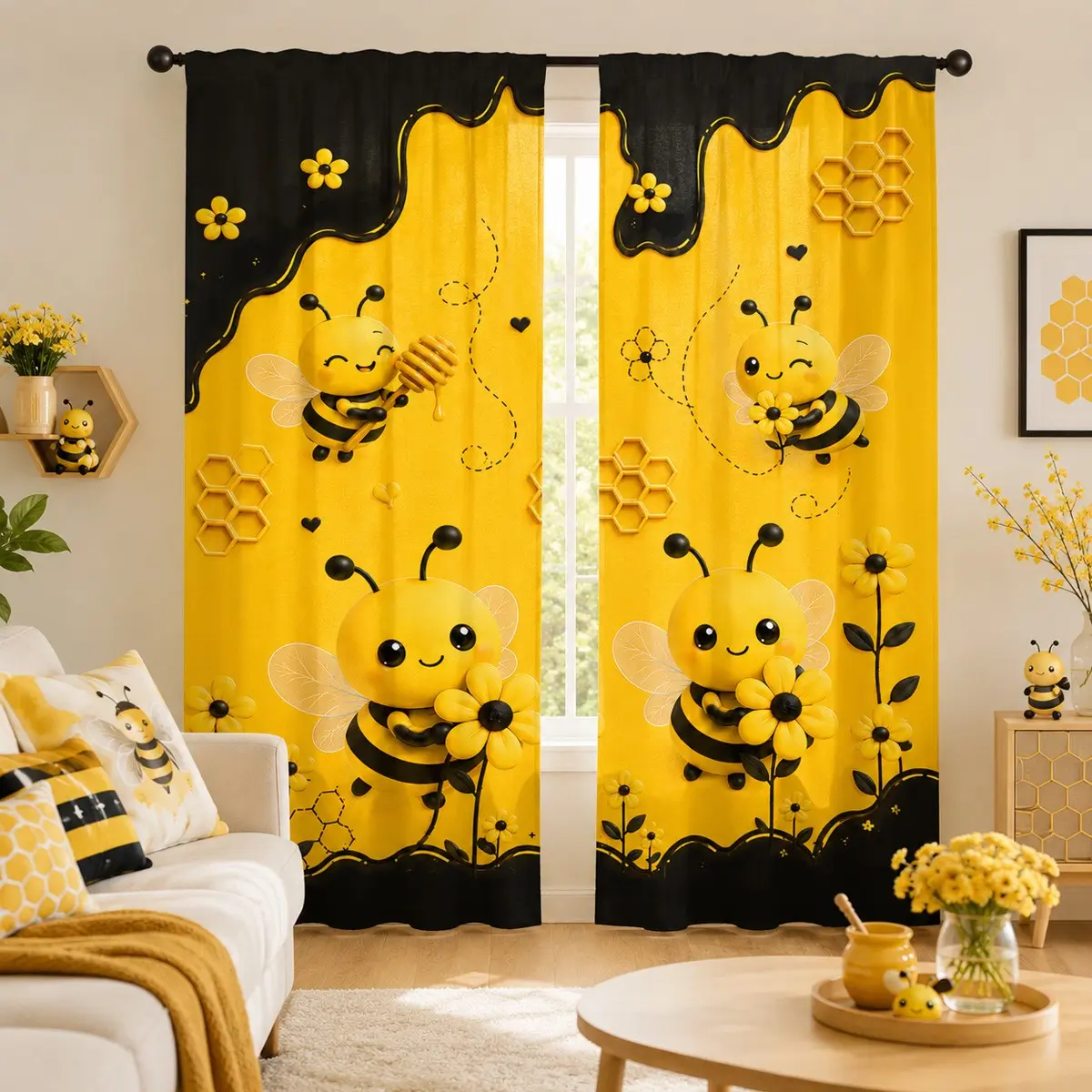 Two-piece cartoon bee and flower print curtains, single-sided printing, semi-blackout rod pocket curtains, available in multiple sizes, fade-resistant, suitable for bedroom, kitchen, and living room decor (rod not included).
