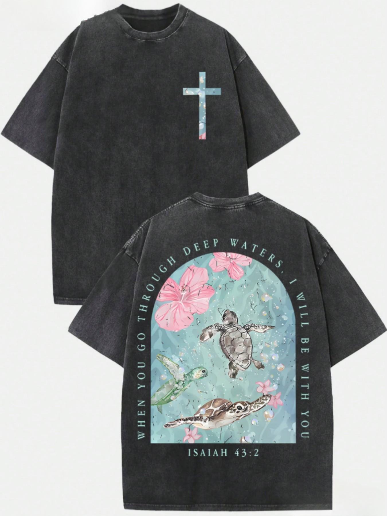 Men's Vintage Washed Pure Cotton T-Shirt - Oversized Streetwear Tee with Sea Turtle & Text Print ("I Will Be with You"), Loose Fit Casual Shirt, Machine Washable Soft Daily Wear