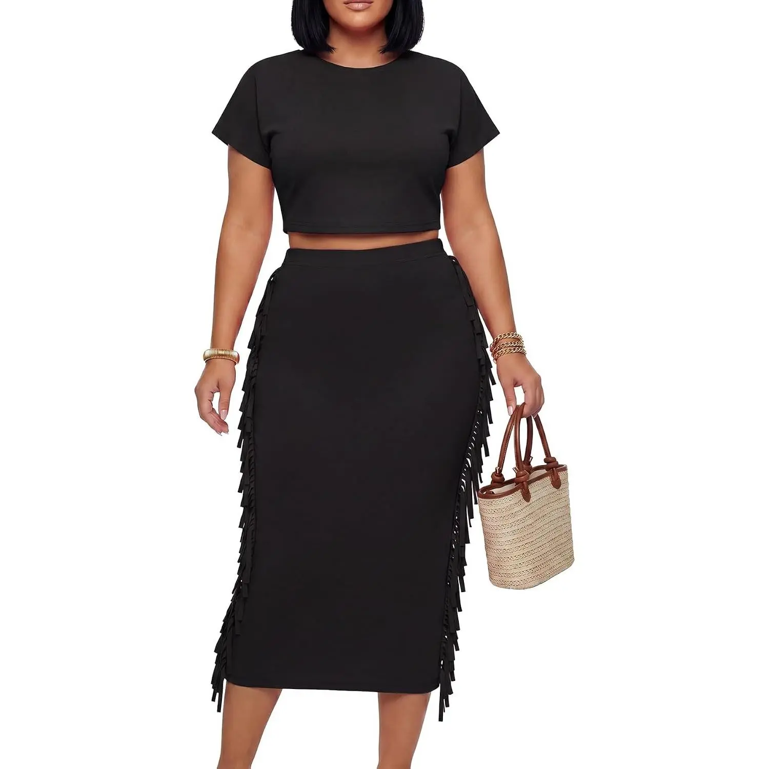 Women's 2 Piece Outfits Crew Neck Fringe Short Sleeve Crop Top and Tassel Trim Bodycon Midi Skirt Set