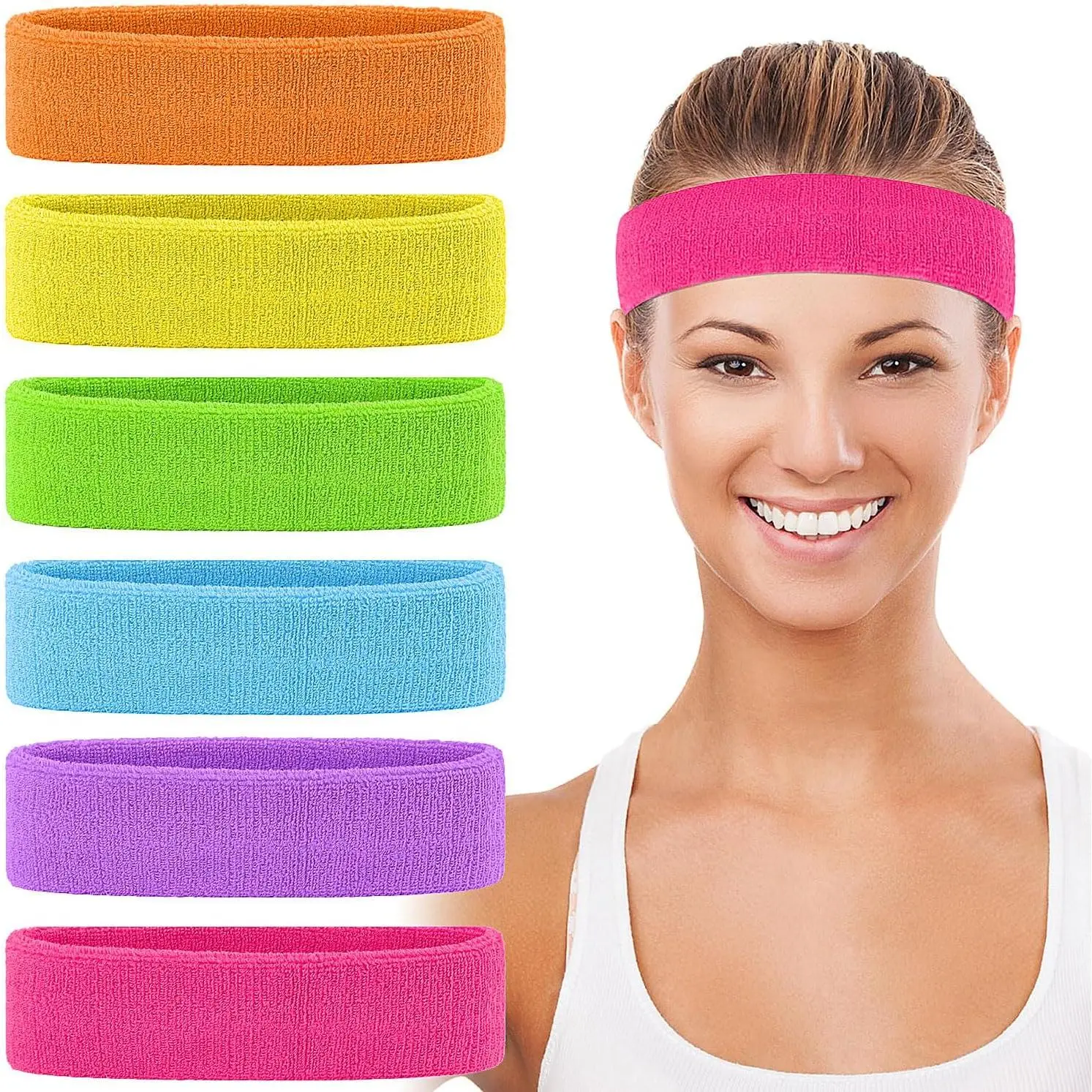6 count 80s Headbands for Women, Terry Cloth  Headband Neon Sweatbands 80s 90s Party Costume Accessories for Retro Party Decorations Gym Yoga Tennis Running Fitness