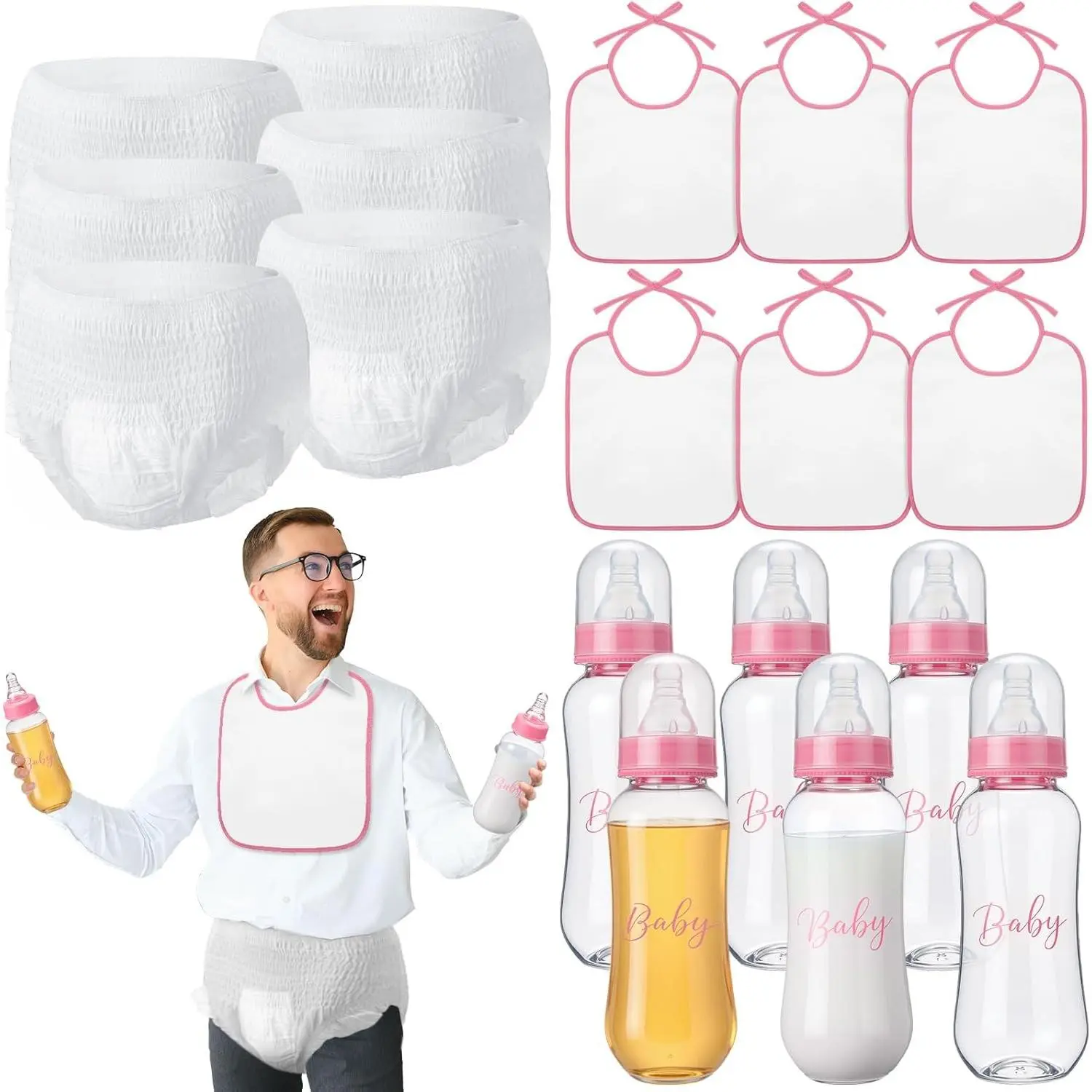 6 Sets Bottle Chug Baby Shower Games Plastic Baby Bottles Bibs Disposable Diapers Gender Reveal Baby Changing Diaper Race Game Decoration Pink