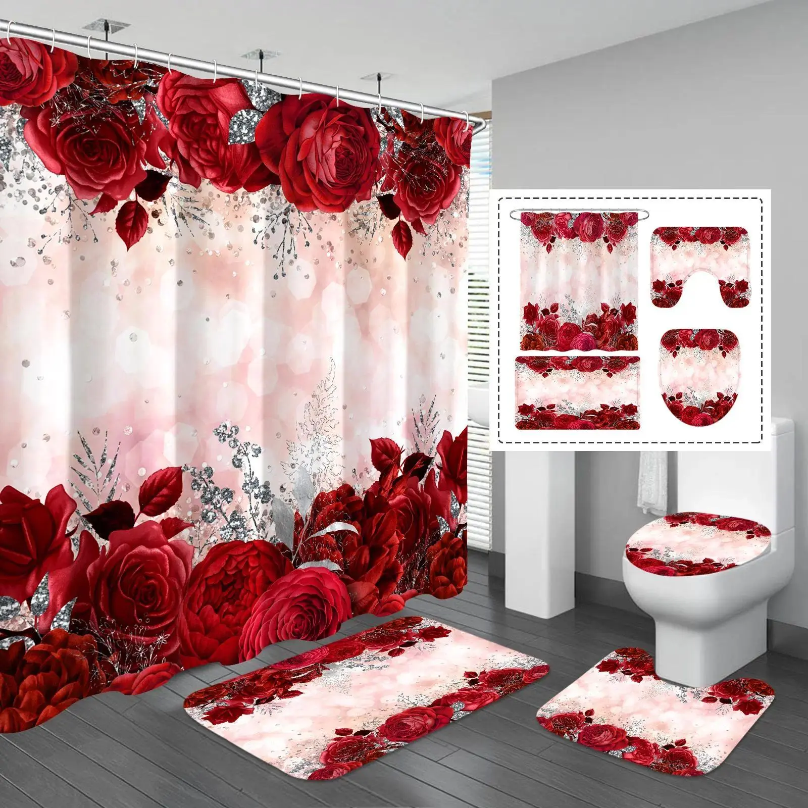 Rose Pattern Bathroom Decor Set, 4 Counts/set Including Shower Curtain & Toilet U-shape Mat & Bathroom Mat & Toilet Lid Cover, Bathroom Decor Supplies, Bathroom Decoration Accessories, Bathroom Accessory, Shower Curtain Sets