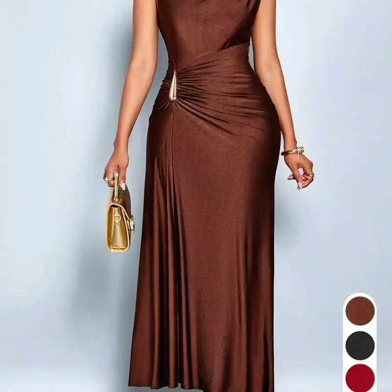 Champagne Color Asymmetric Metal Button Dress, Sleeveless Long Dress, Slim Fit, Elegant Formal Evening Gown, Party Wear, Office Style, Yhsp105