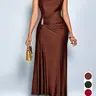 Champagne Color Asymmetric Metal Button Dress, Sleeveless Long Dress, Slim Fit, Elegant Formal Evening Gown, Party Wear, Office Style, Yhsp105