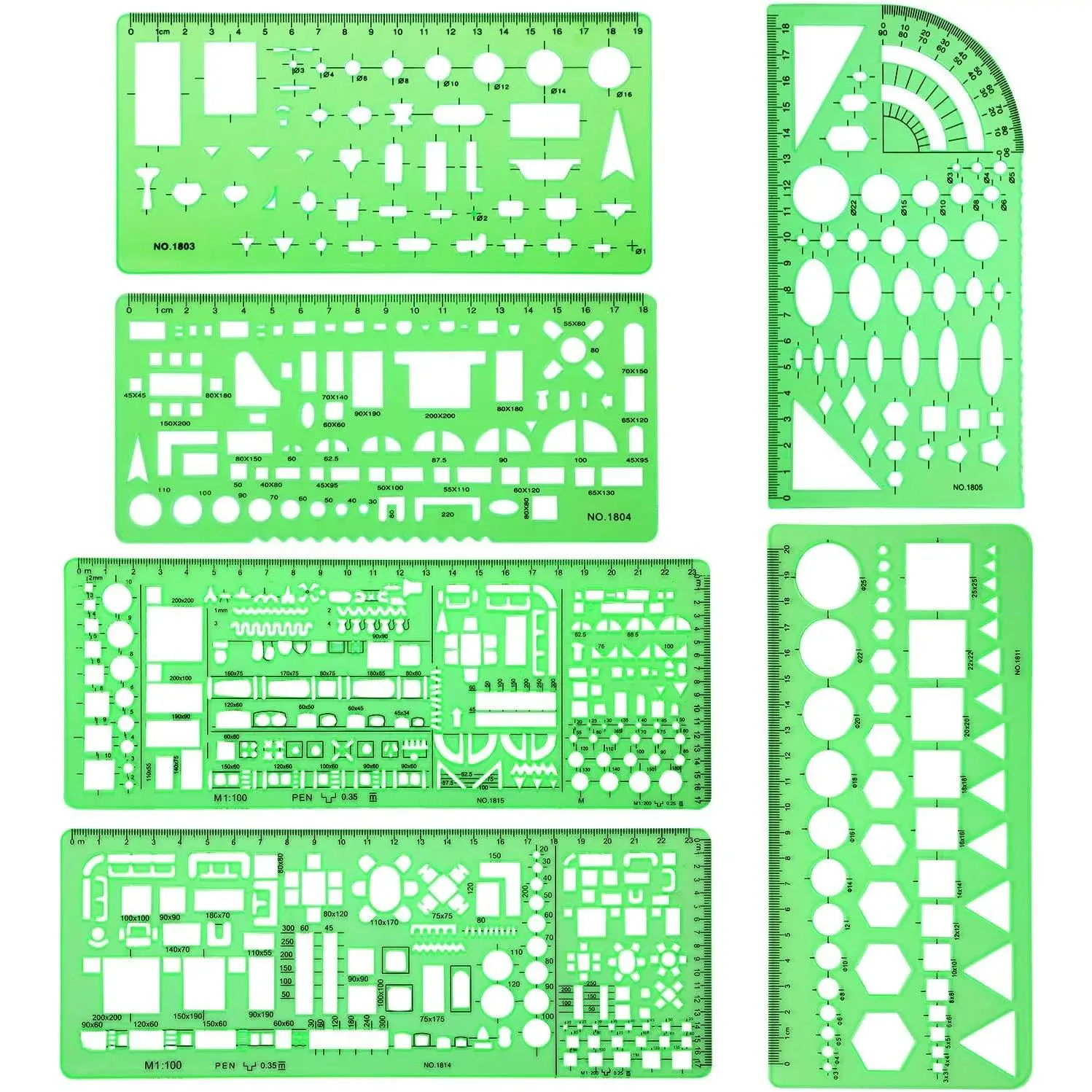 6 Pcs Plastic Geometric Drawing Rulers Measuring Templates Building Formwork Stencils for Office & School, Clear Green