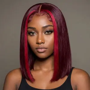 Glueless Highlight Red 99J Bob Wig Human Hair 13x4 Lace Frontal Wigs For Women Red Burgundy Lace Frontal Wig Super Double Drawn Bone Straight Short Bob Wig Colored Human Hair Wigs Pre Plucked 180 Density