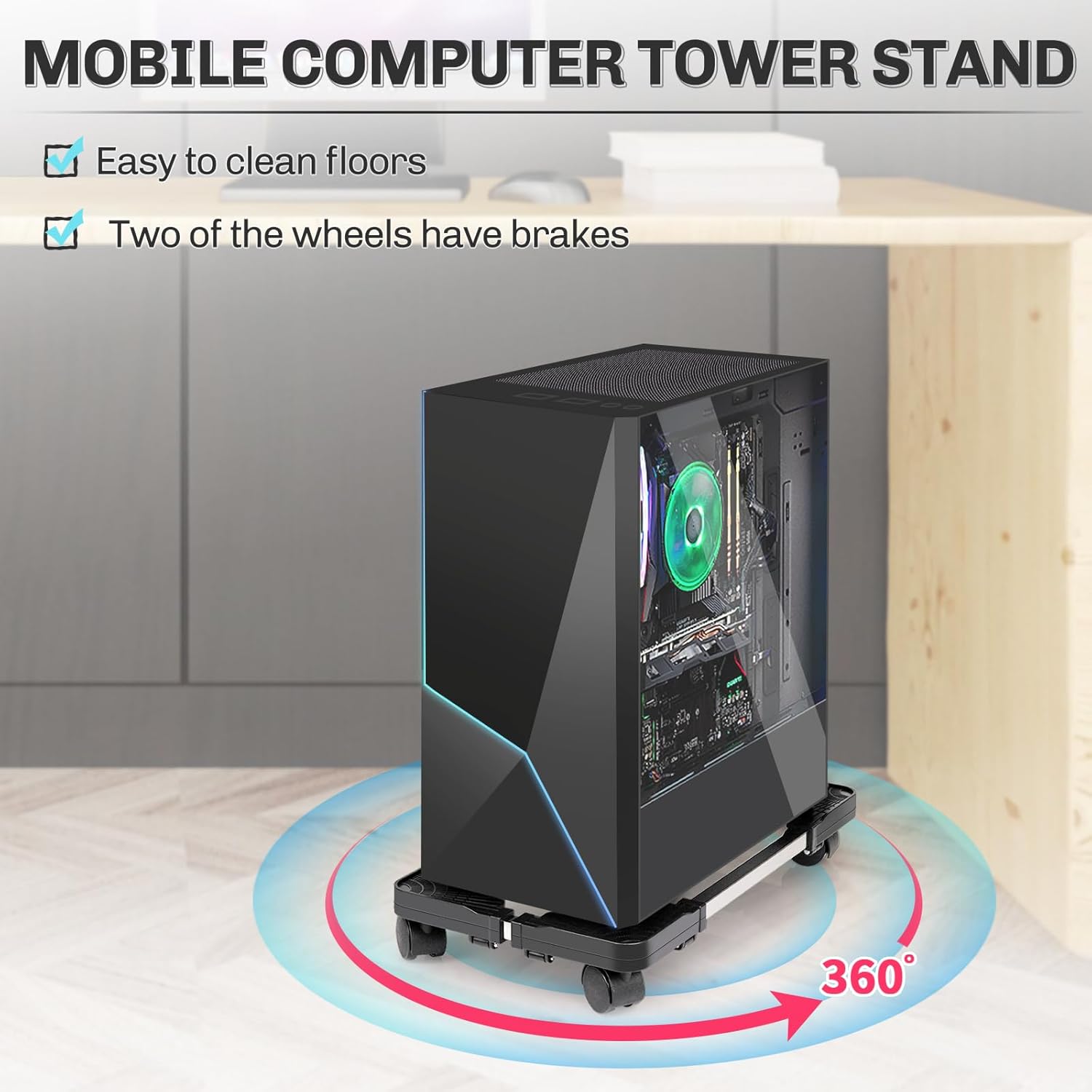 Mobile CPU Stand Adjustable Computer Tower Stand with 4 Caster Wheels Fits  PC (Black)