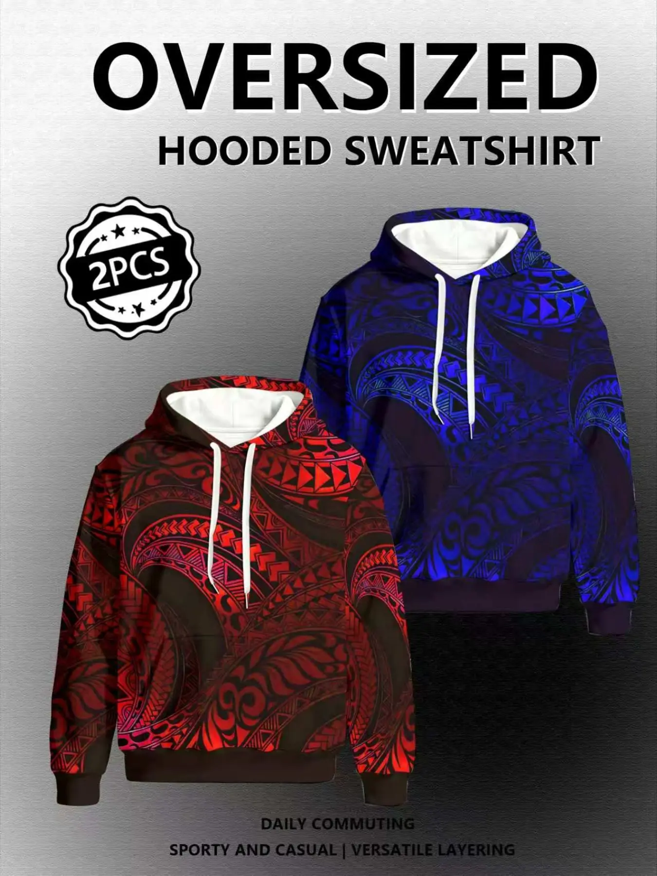 Men's 2 Pack Loose Hooded Sweatshirt, Red Blue Polynesian Totem Loose Fit, Island Vacation Machine Washable Knit Fabric