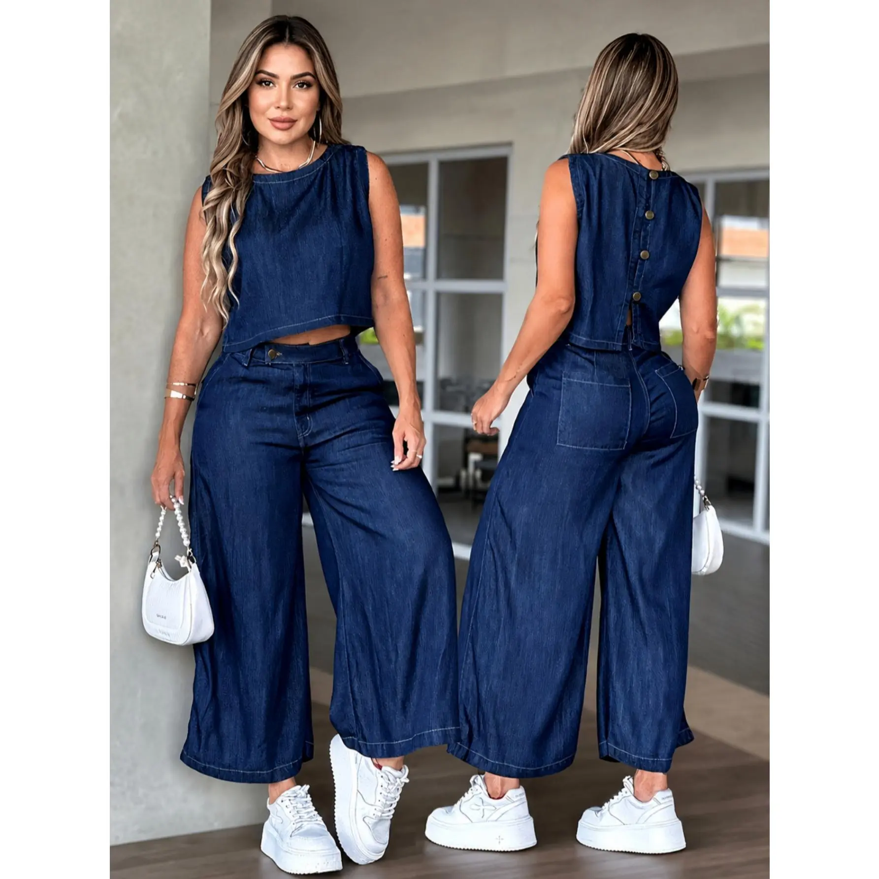 Women's 2026 New 2-Piece Wide-Leg Pants & Top Sets - Short Crew Neck, Solid Round Neck Denim Sleeveless Vest Casual Suit, Two-Piece Wide-Leg Pants & Top Sets