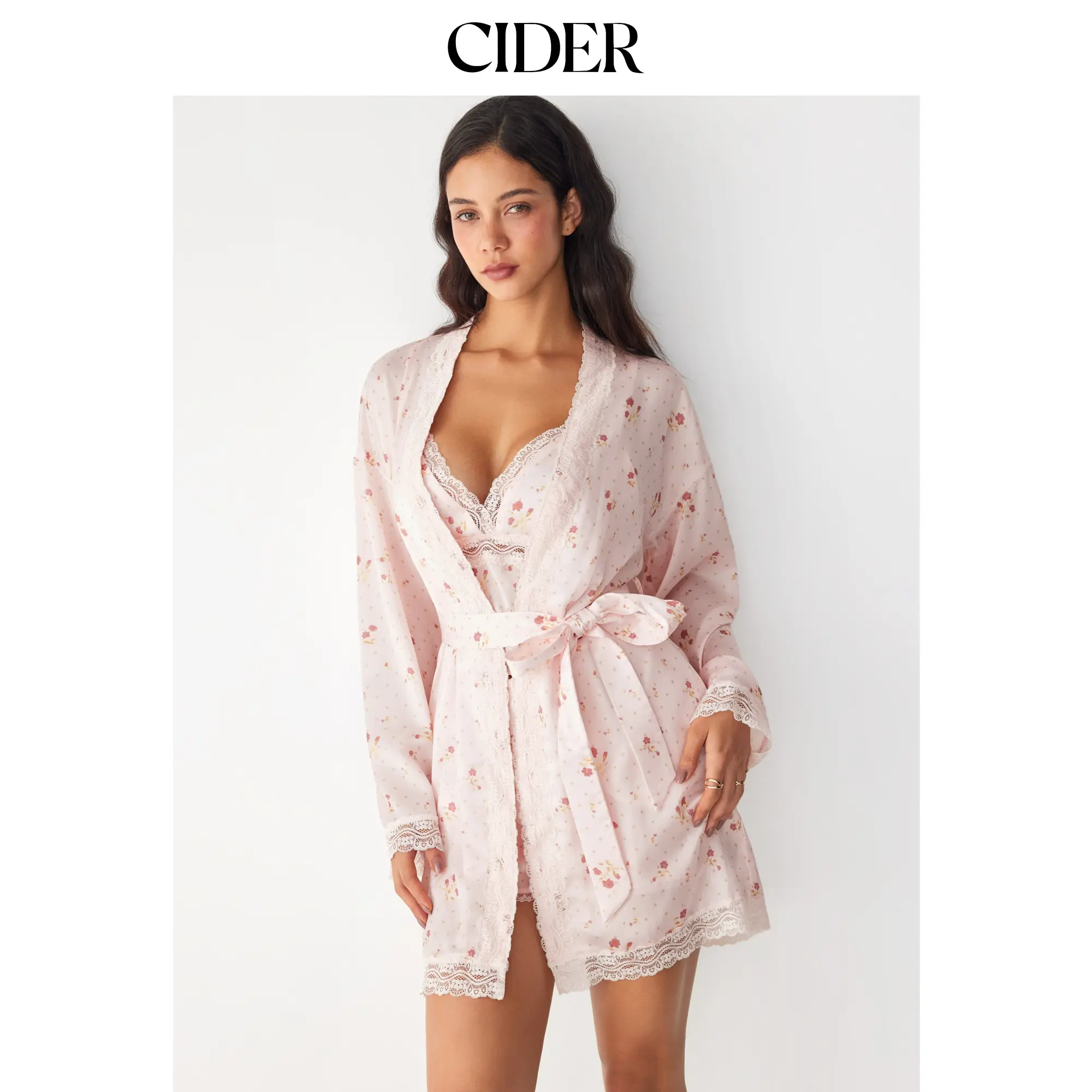 Cider Ditsy Floral V-neck Lace Trim Long Sleeve Robe With Belt