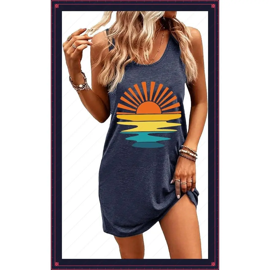 Women's Summer Tank Dress Casual Vacation Sundress Coconut Tree Graphic Beach Cover UpGift