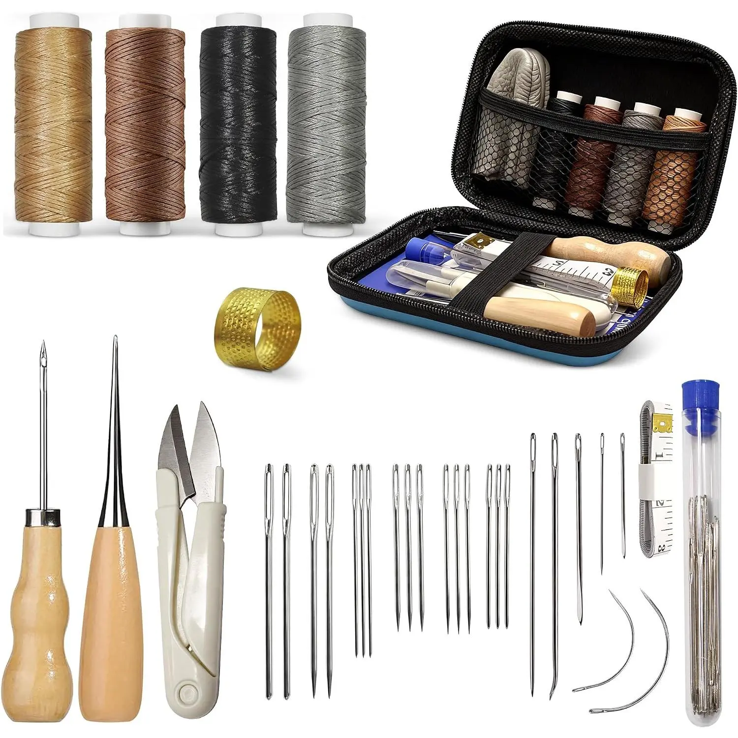 Heavy Duty Leather Sewing & Upholstery Repair Kit with 2 Awls and Waxed Thread, for Stitching & Repairing Seats, Sofas, DIY Leather Crafts, Ideal for Canvas & Tents