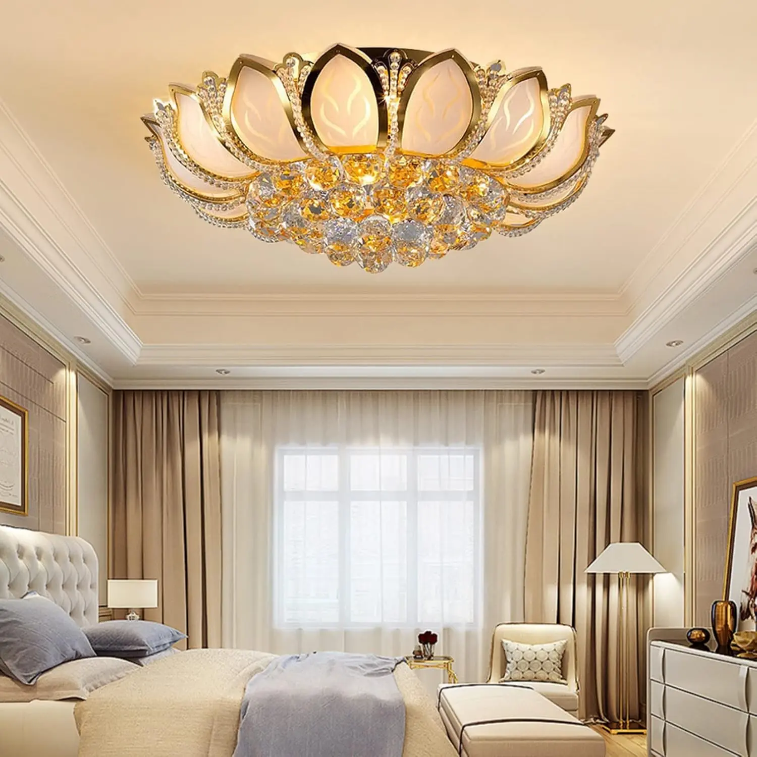 Modern Lotus Crystal, 7-Head Pendant Light Flush Mount Chandelier with Remote LED Ceiling Lamp K9 Crystal Chandelier Pendant Lotus Light Fixture for Living Room, Bedroom, Dining Room