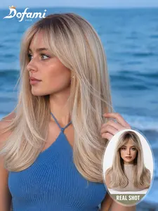 18-Inch Gradient Gold Long Hair Wig, Air Bangs for Face Shape, Realistic Scalp, Natural Volume, Smooth Strands, Everyday Versatile Style