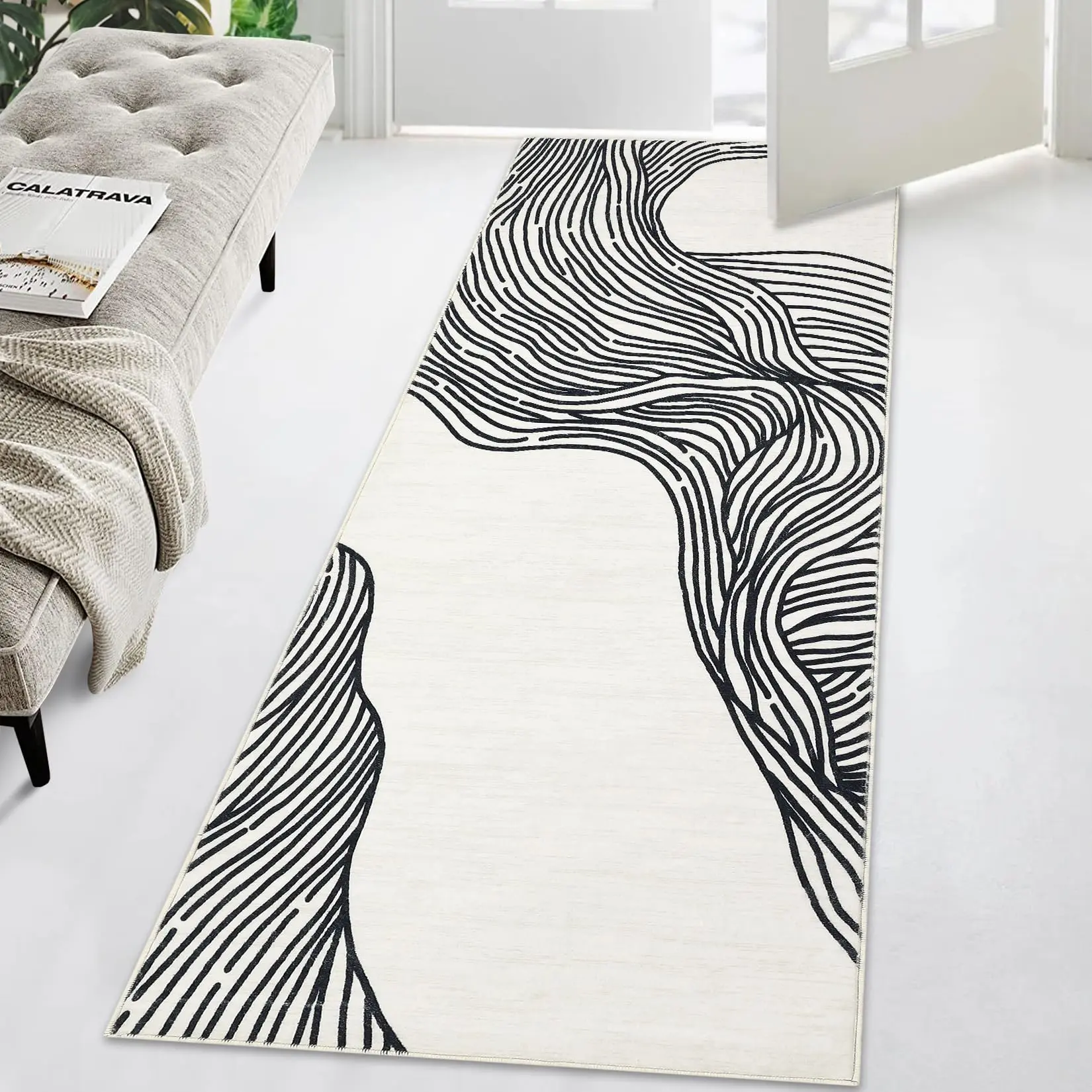 Garvee Runner Rug 2x6 Washable Rugs for Entryway Bedroom Office Nursery Modern Geometric Area Rug Contemporary Curve Striped Rug Low Pile Neutral Soft Rug Non Slip Farmhouse Rug Black and White