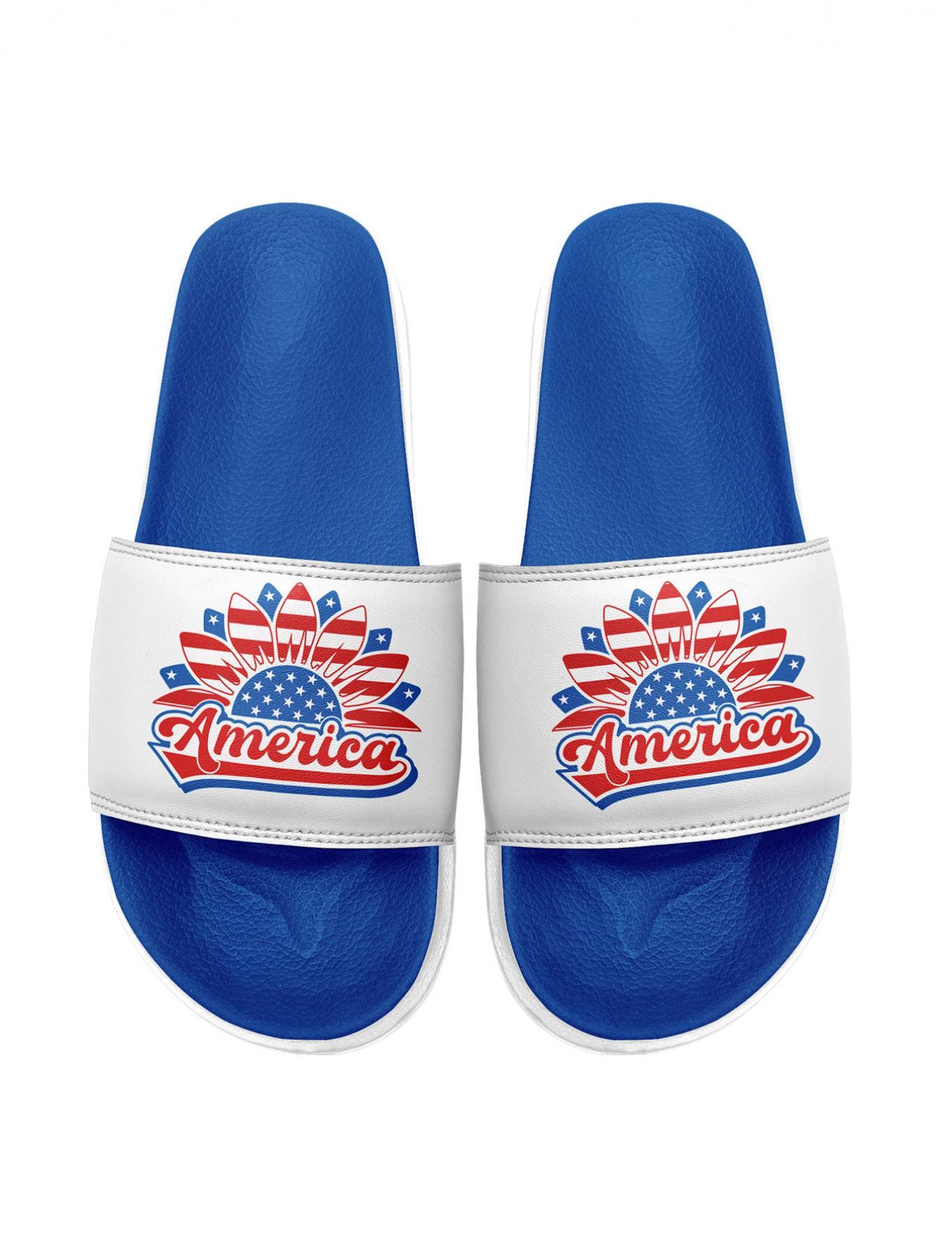 Men's Fashionable Random American Flag Print Slides, Casual Comfortable Durable Slides for Summer, Lightweight Breathable Slides for Beach & Streetwear, Footwear, Lightweight Slipper