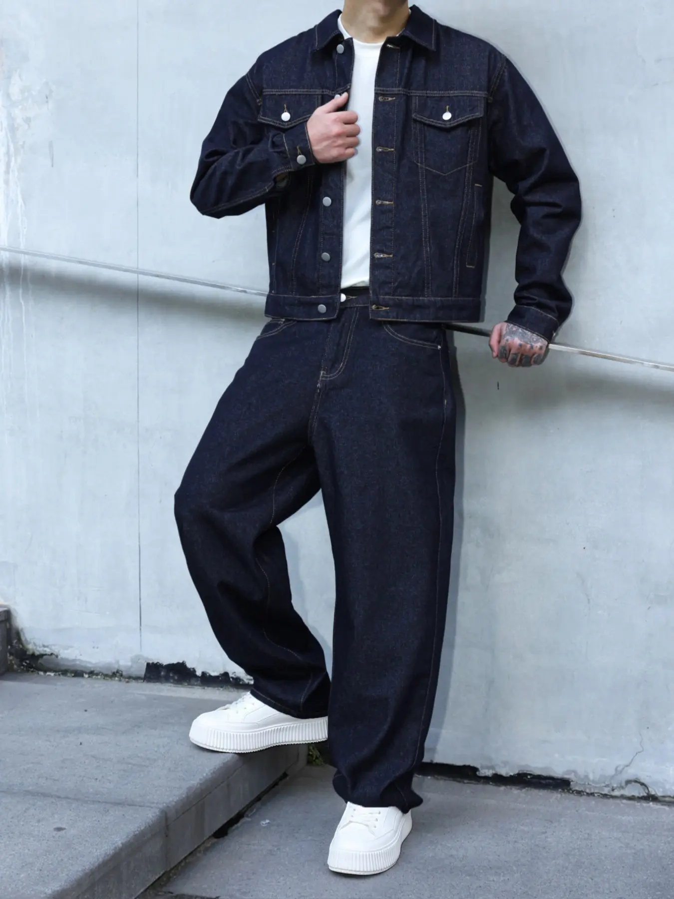 Men Denim 2 Pieces Set, Casual Jacket and Loose Fit Wide Leg Pants, Spring/autumn Streetwear, Boyfriend & Husband Chore Jacket