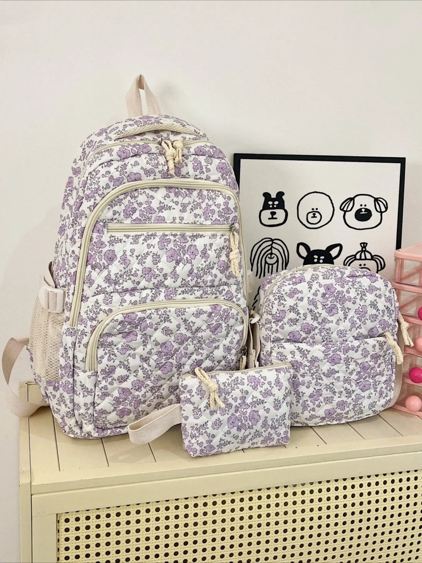 Floral Quilted 3 Pieces Backpack Set, Lightweight Flower Print Backpack with Crossbody Bag & Pouch, Cute Casual School Backpack for Teen Girls