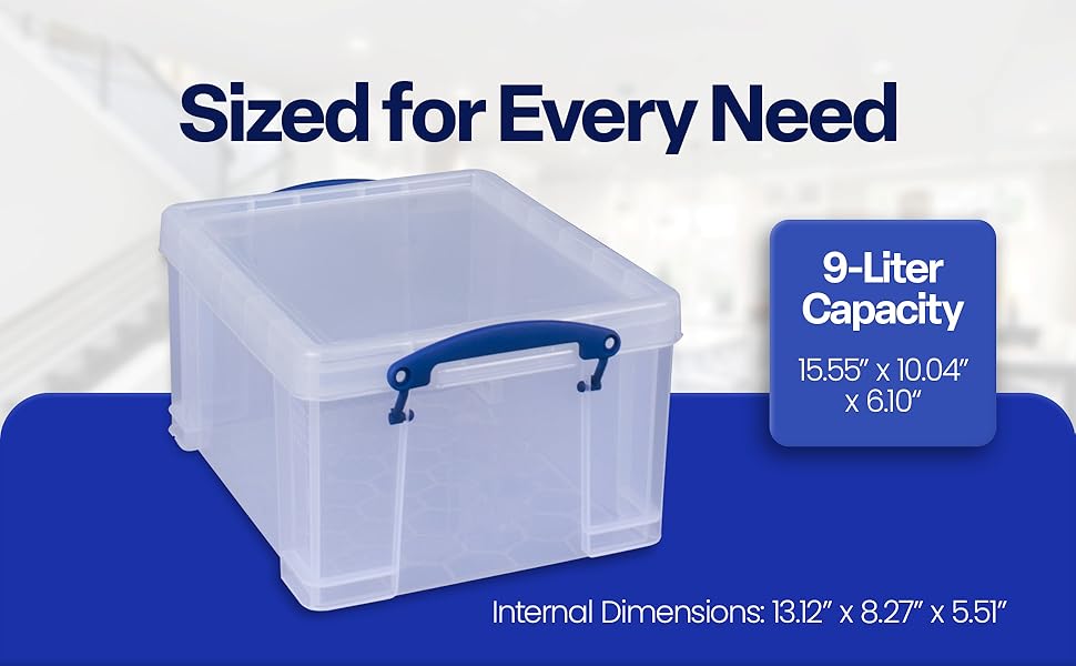 Really Useful Box Stackable 9 Liter Plastic Storage Container Bin with Snap Lid and Built-In Clip Lock Handles for Home & Office Organization (4 Pack)