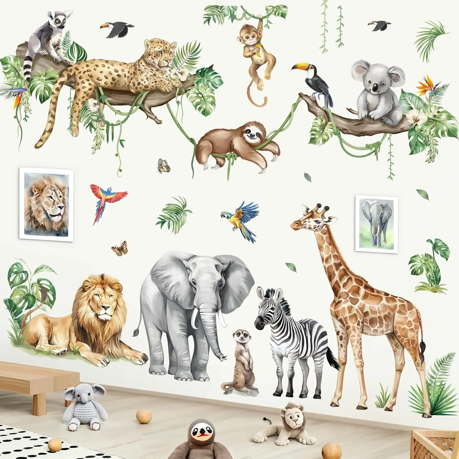 Large Jungle Animals Tree Branch Wall Decals Safari Elephant Giraffe Leopard Tropical Leaves Baby Nursery Kids Room Decor XXL(Gift)