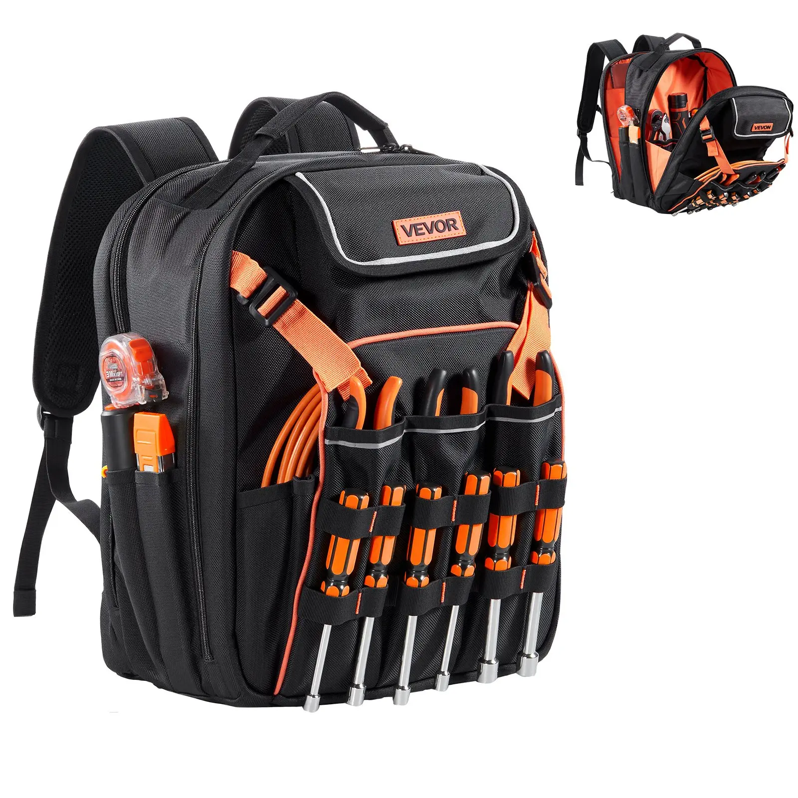 VEVOR Heavy-Duty Tool Backpack, 45 Pockets, 13 x 8.66 x 17.3 Inches, Oxford Fabric & Reinforced Base, Laptop Compartment, Reflective Strips, Charging Port, Adjustable Shoulder Strap, Effortless Tool Transport Jobsite Bag for Electricians