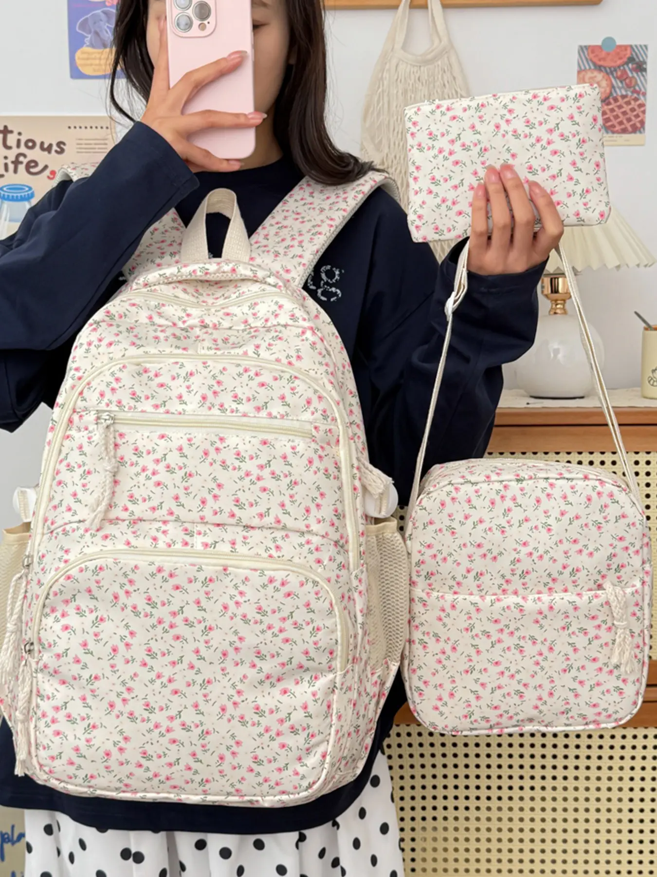 3pcs Cream Base Pink Tiny Floral Girls Backpack Set Including Square Crossbody Pouch & Clutch Purse; The Main Backpack Has Multiple Front Zipper Pockets, Side Mesh Pockets, Tassel Zipper Pulls, Soft Wide Shoulder Straps, Perfect For Campus Study Weekend T