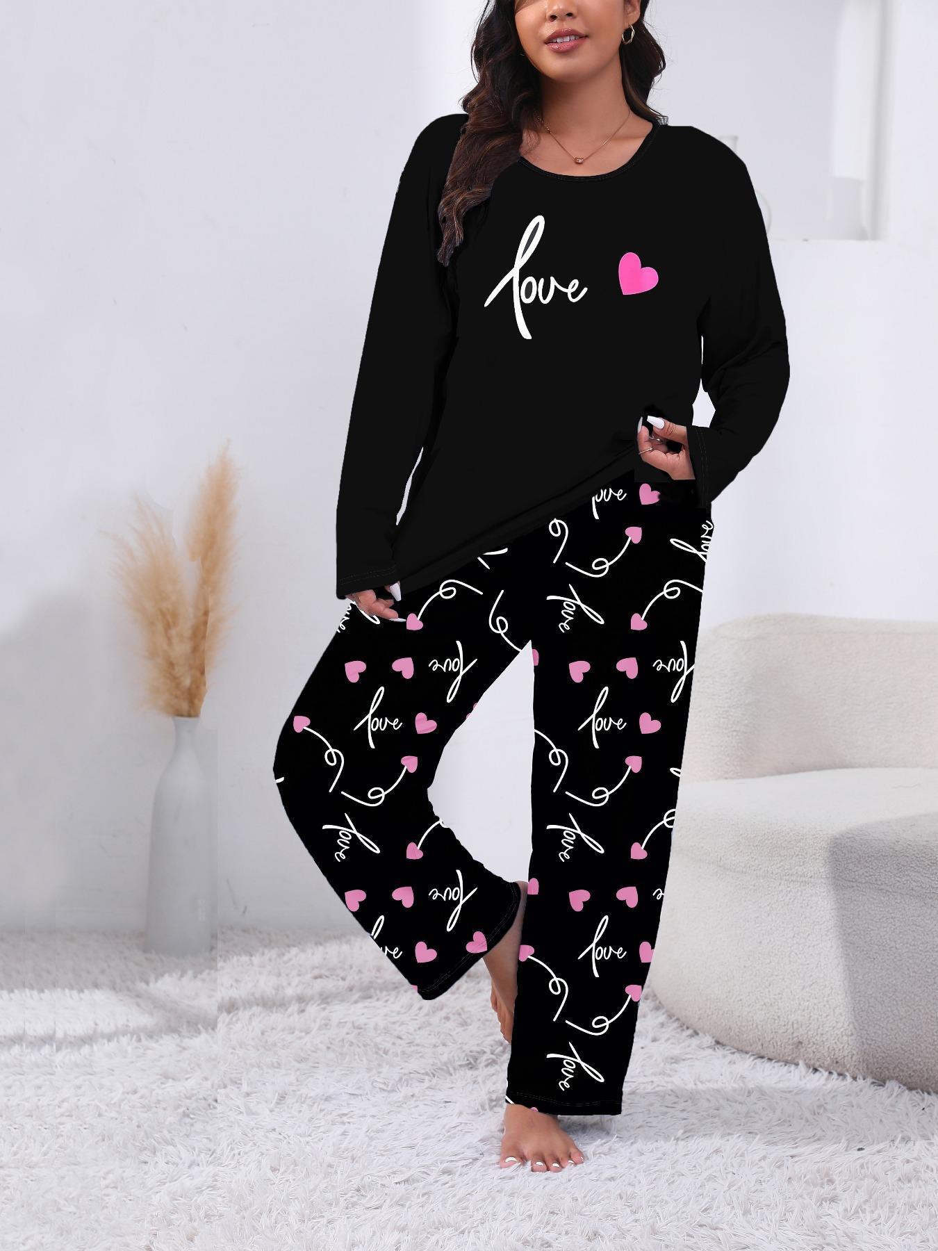 Plus Size Two-Piece Set Heart Print Tee & All Over Print Elastic Waist Pants Pyjama Set, Casual Soft Comfortable Long Sleeve Round Neck T-shirt & Trousers Loungewear Set, Women's Sleepwear for Spring & Fall