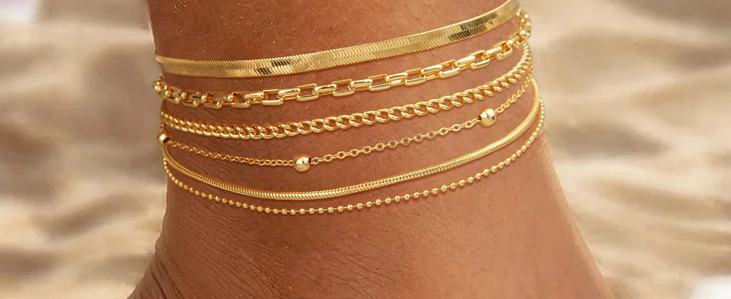 TEWIKY Dainty Layered Waterproof Anklet For Women Adjustable Womens Anklet Set Stackable Figaro BeadedCuban Link Spring Fashion Anklets Beach For Summer