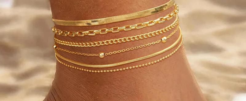 TEWIKY Dainty Layered Waterproof Anklet For Women Adjustable Womens Anklet Set Stackable Figaro BeadedCuban Link Spring Fashion Anklets Beach For Summer