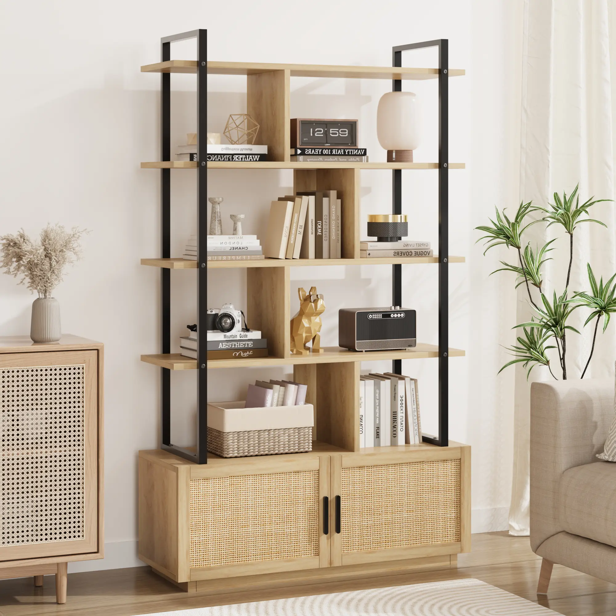 5-Tier Rattan Bookshelf - 71.1" Tall Industrial Bookcase with Storage Cabinet and Door - Open Display Shelves, Metal & Wood - Appropriate for Living Room, Bedroom, Home Office