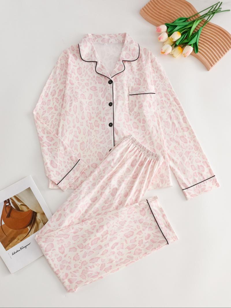 Women's Leopard Print Button Front Pocket Lapel Shirt & Elastic Waist Pants Pyjama Two-piece Set, Casual Comfy Pocket Long Sleeve Top & Trousers Pj Set, Women's Sleepwear for Spring & Fall, Loungewear Set Women, Leopard Print Pajamas