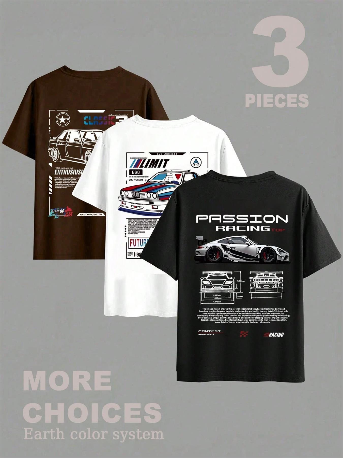 Men's Car Graphic Tee, Regular Fit Casual Short Sleeve Round Neck T-shirt for Summer, Men's Top for Daily Wear, Casual Style Tee