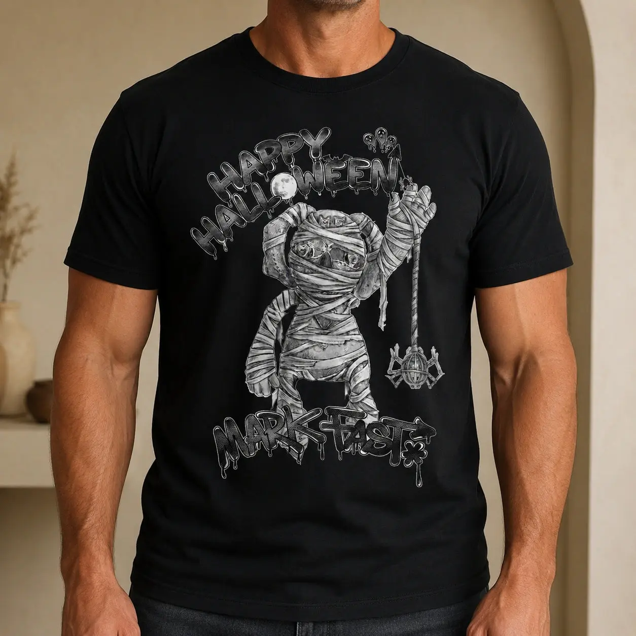 MarkFast Black White Mummy Doll Halloween Graffiti T-Shirts