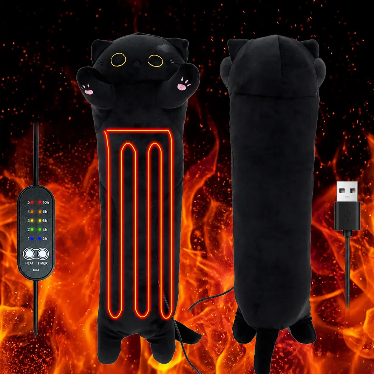 Long Body Heated Cat Plush Toy, USB Powered Heating Stuffed Pillow, Multi‑Gear Temperature Timer Control, Cozy Warm Plush Doll for Adults